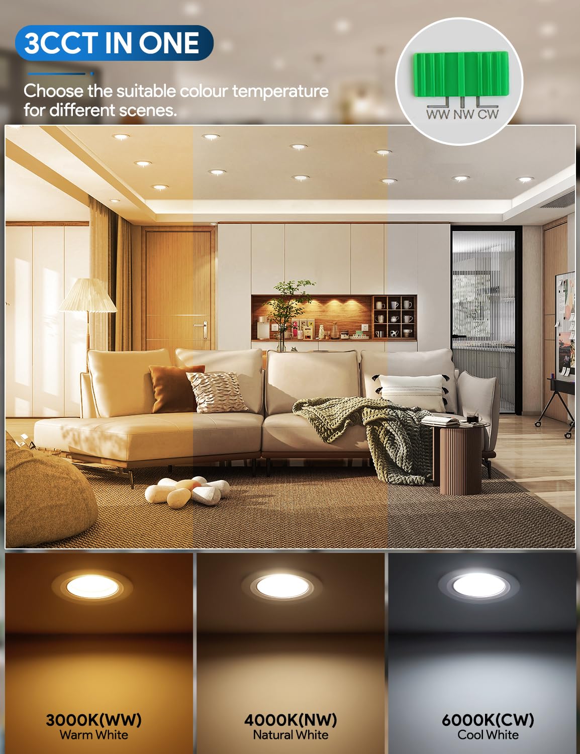 Foco Empotrable LED Techo Regulable 5W, Downlight Giratorio 450LM 3000K 4000K 6000K, IP44 Ø68-80mm Interior AC 220-240V para Baño Salón Cocina, 12 Piezas