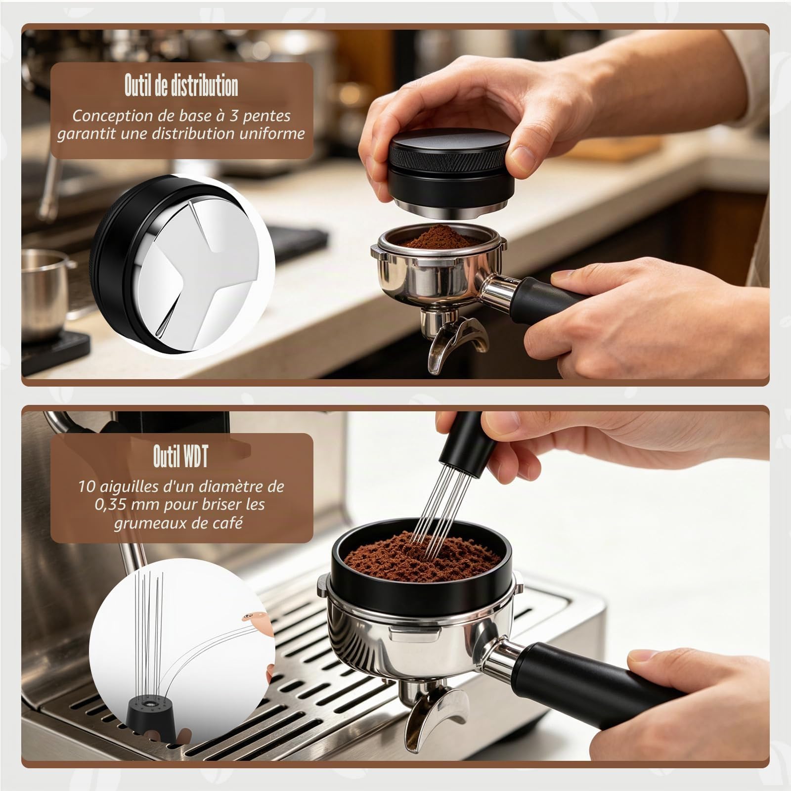 Set d’Accessoires Espresso 8 Pièces, Compatible avec Espresso Machines | Pilon 51 mm avec Station de Pilonnage, Niveleur, Outil WDT, Anneau de Dosage, Brosse de Nettoyage, Filtre à Café, Agitateur
