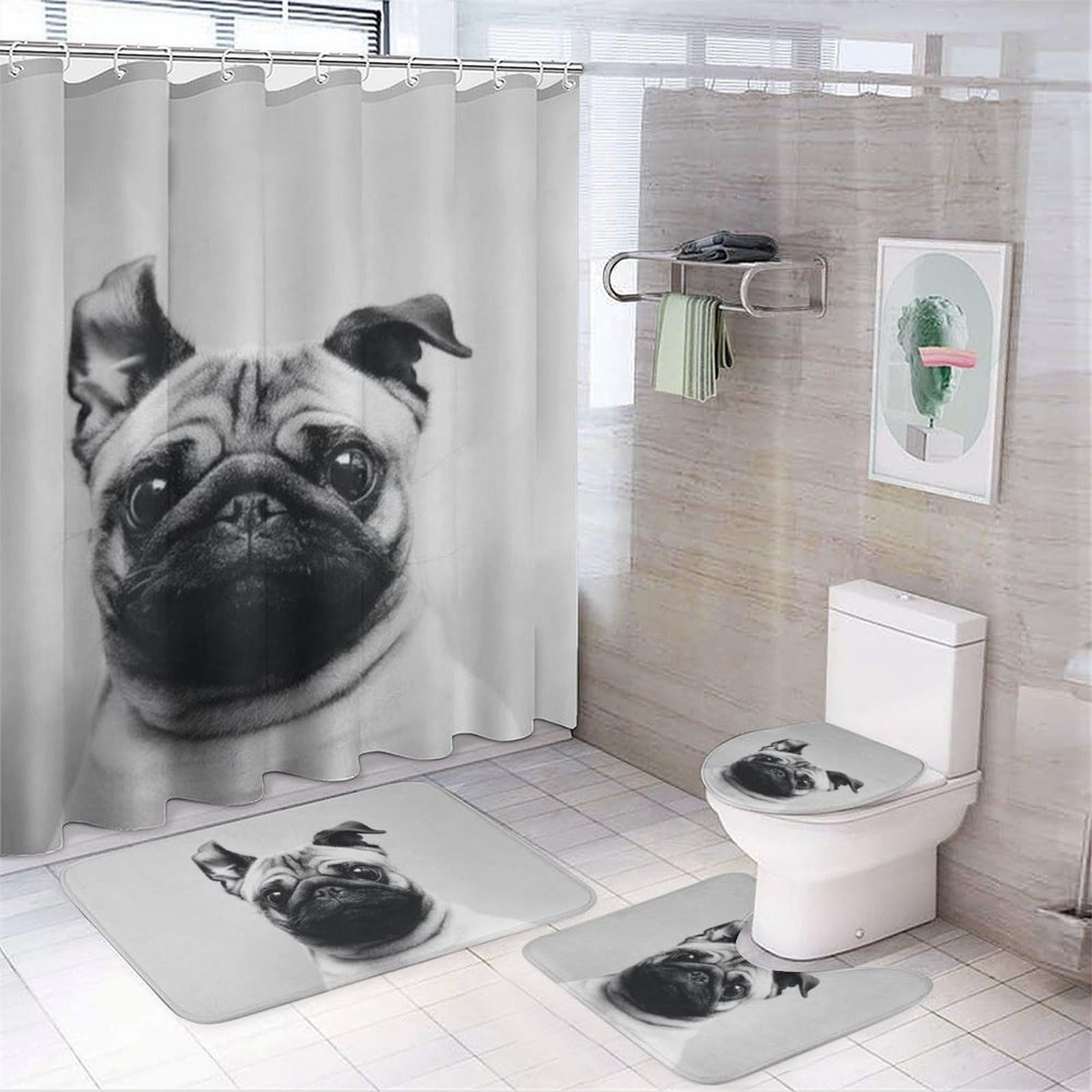 JZemdybill Bathroom Mat Set 4 Piece, Cute Pug Shower Curtain with Non-Slip Bath Mats for Bathroom