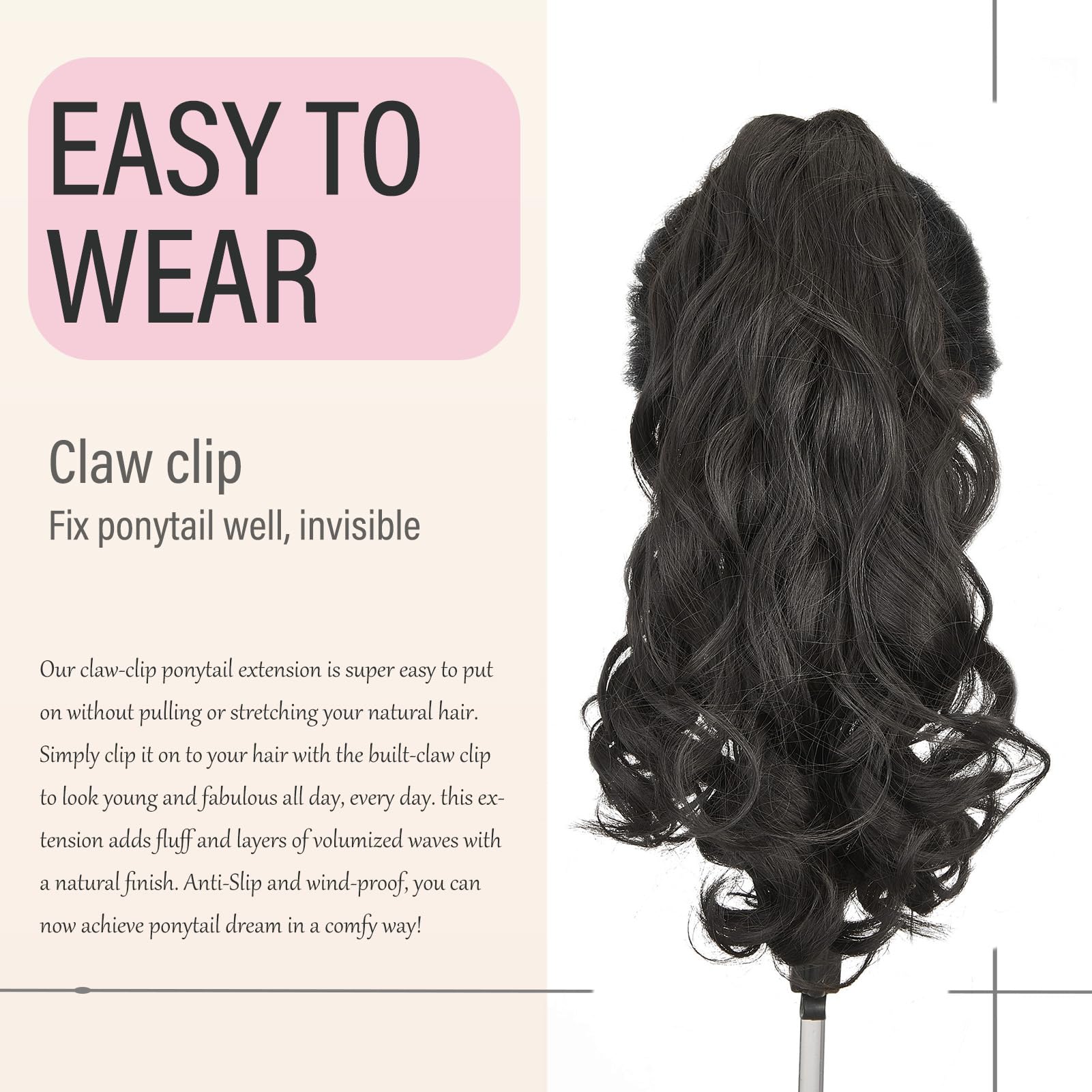 Dcbaboo 18inch Claw Clip in Ponytail Hair Extensions Long Wavy Ponytail Extension Curly Synthetic Pony tails Natural Wave One Piece Hairpiece Fake Ponytail for Women Dark Brown - Image 4