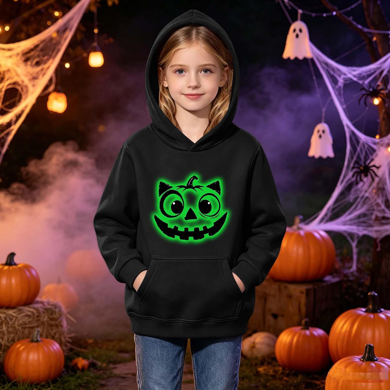 Halloween Hoodie for Girls Glow in the Dark Print Pocket Sweatshirt 2-12 Y