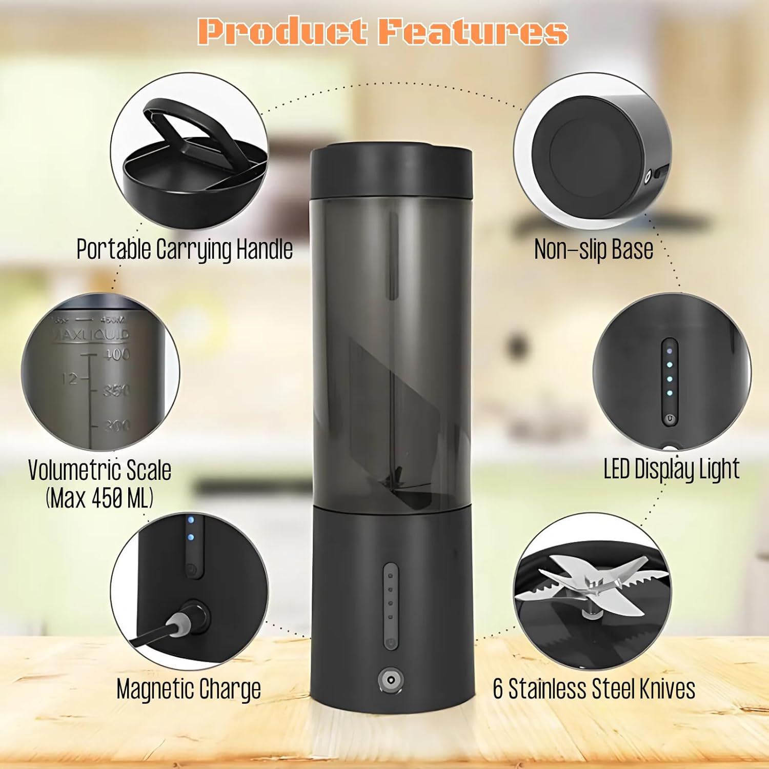 Portable Juicer Blender, USB Rechargeable Smoothie Maker with 6 Upgraded Blades and 4000mAh Battery, 450ml/15oz Capacity, Ideal for Smoothies, Protein Shakes, Travel and Office (Black)