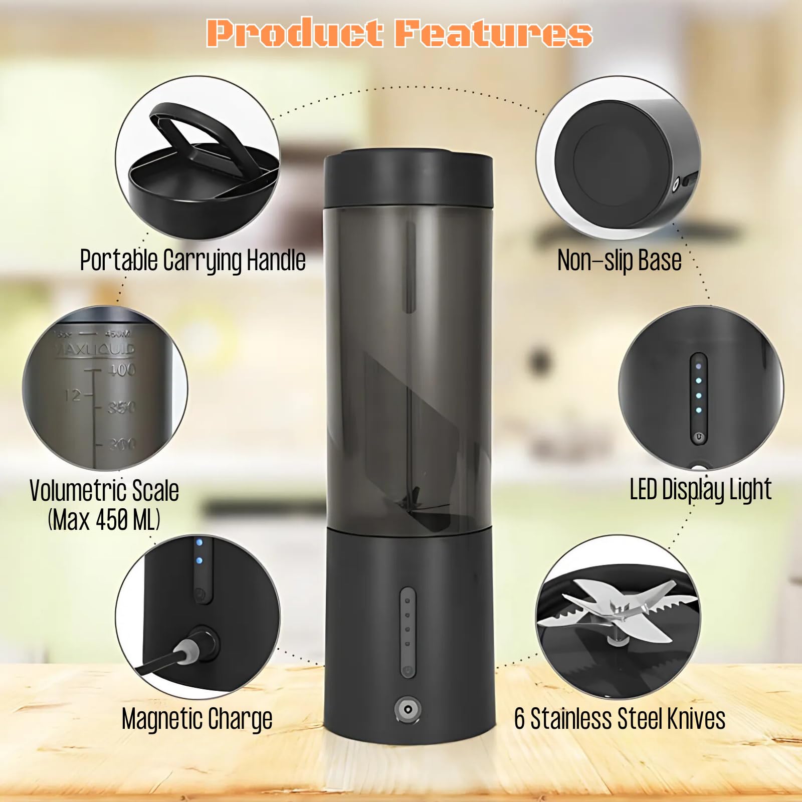 Licuadora portátil, licuadora recargable por USB con 6 cuchillas mejoradas y batería de 4000 mAh, capacidad de 450 ml, ideal para batidos, batidos de proteínas, viajes y oficina (negro)