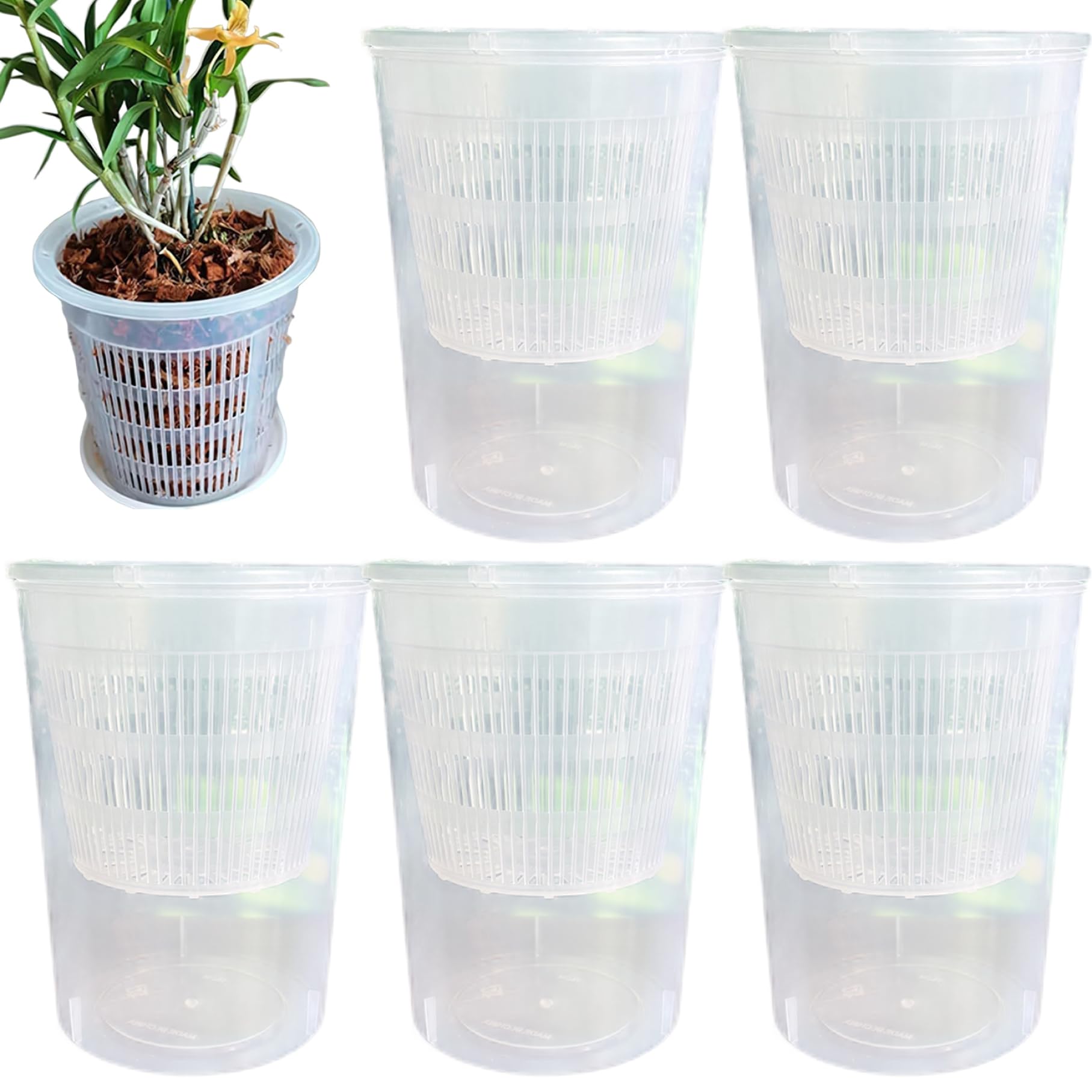 Pot d'orchidée transparent avec trous 5 pouces en lot de 5, soucoupe amovible inclusive
