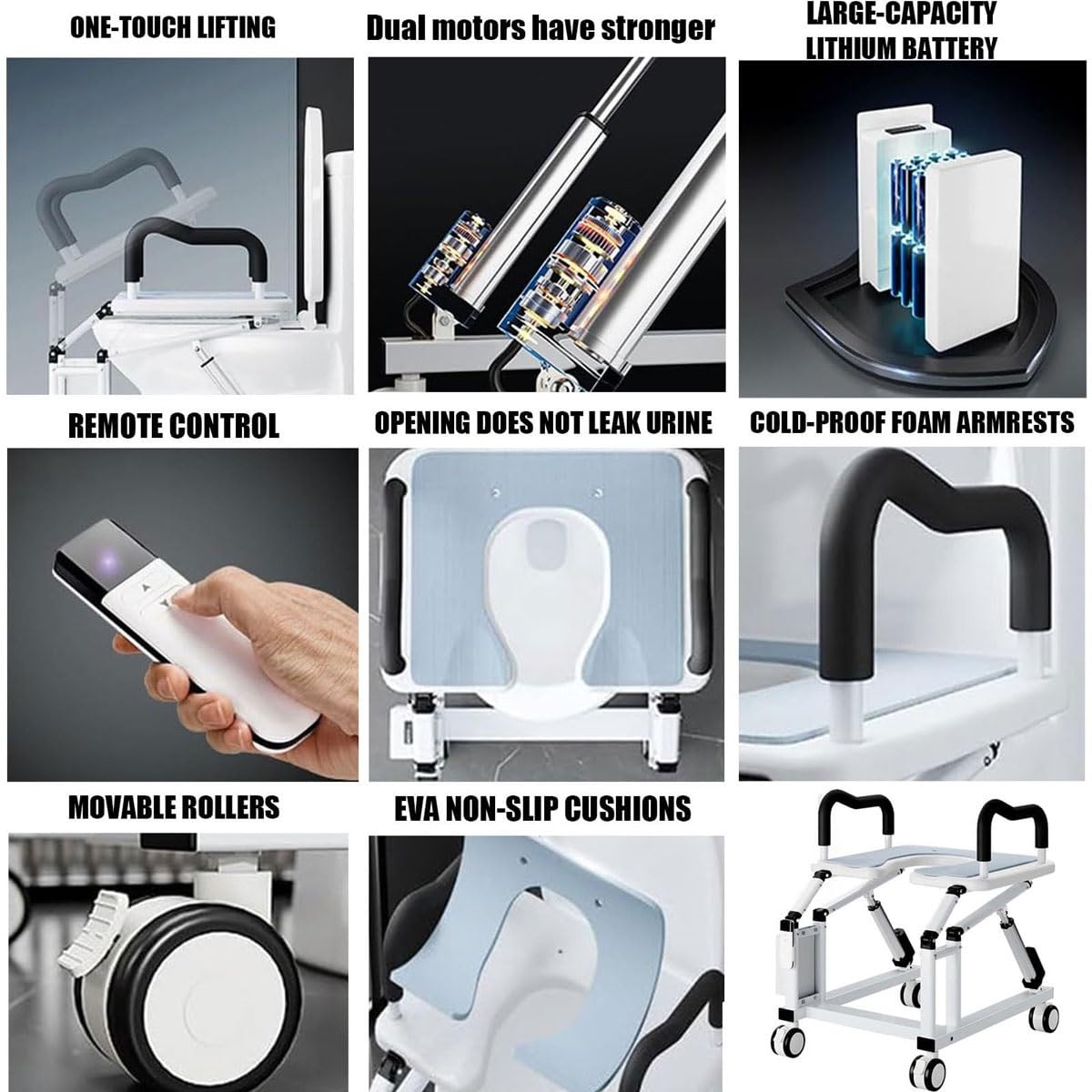 Rialzo elettrico per sedile WC con braccioli, sollevatore mobile con ruote a 360°, angolo di sollevamento ergonomico di 29°, compatto e facile da usare