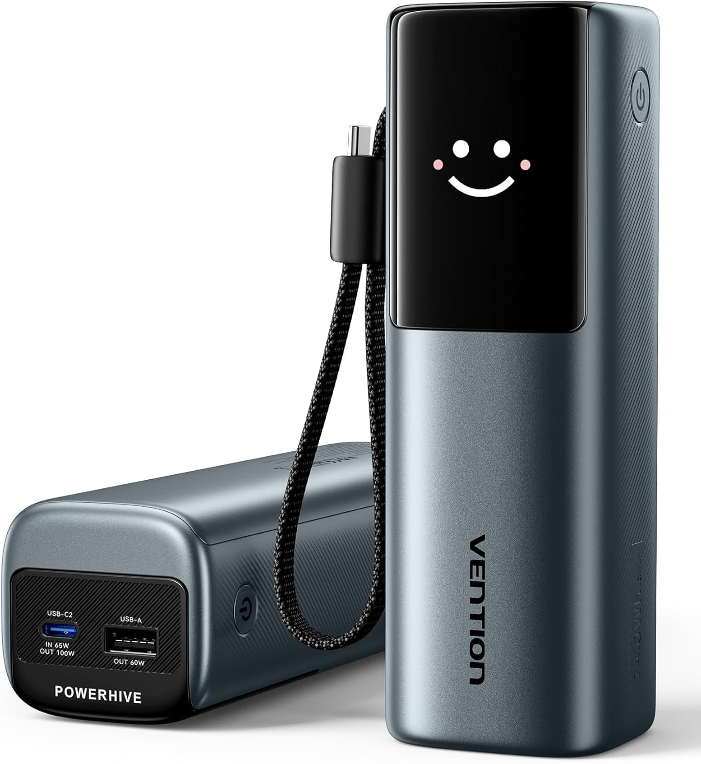 VENTION Power Bank 20000mAh 165W con Cavo Integrato, Display Digitale e Animazione Emoji, 2 X 100W USB-C Ricarica Rapida, Compatibile con MacBook, Dell, HP, iPhone 17/16/15/14, Samsung Galaxy S24