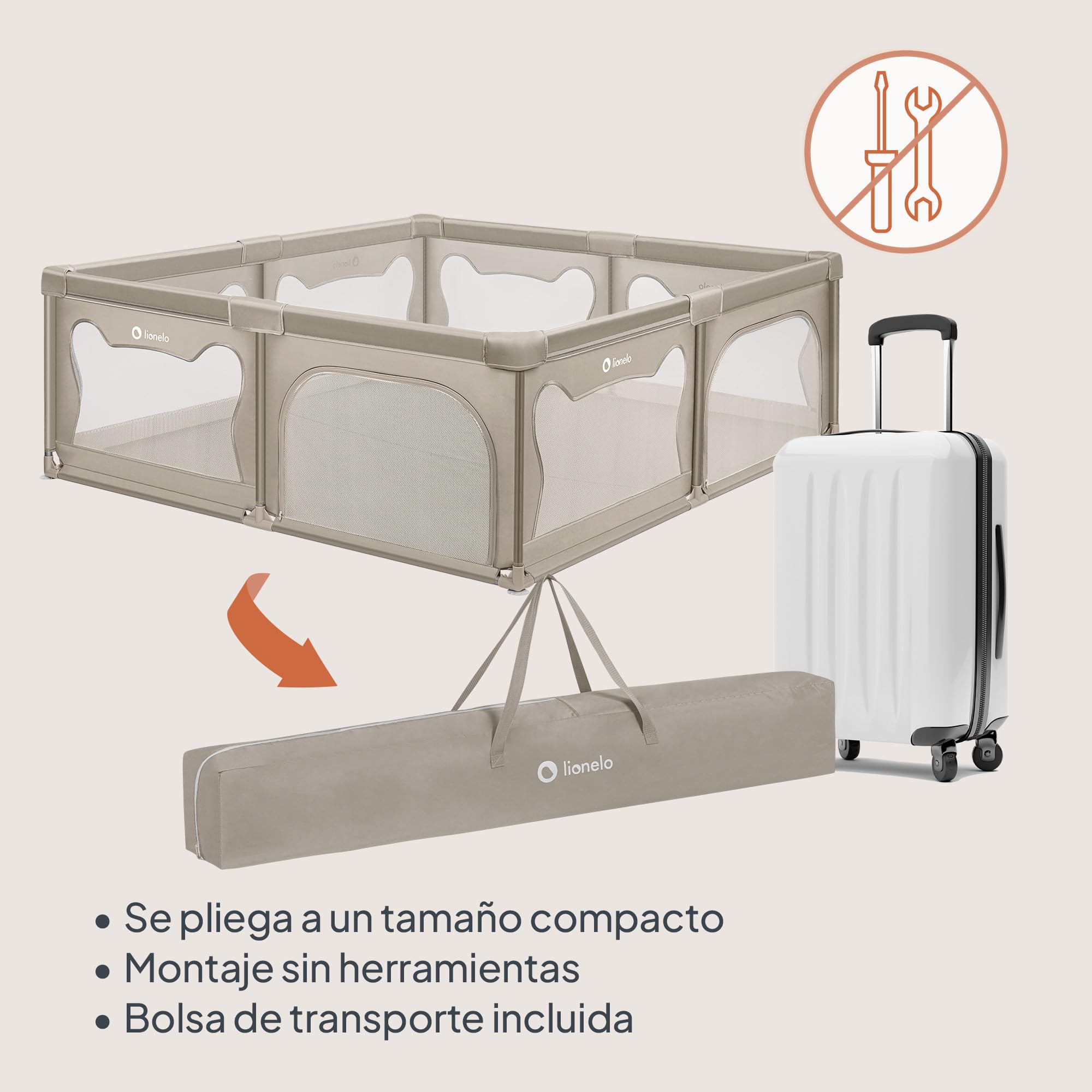 LIONELO Willow - Parque infantil XL, 0 – 48 meses, gran superficie 187x207x68 cm, con paredes de malla transpirable, 2 entradas laterales con cremallera, ideal para casa y jardín, fácil montar (Beige)
