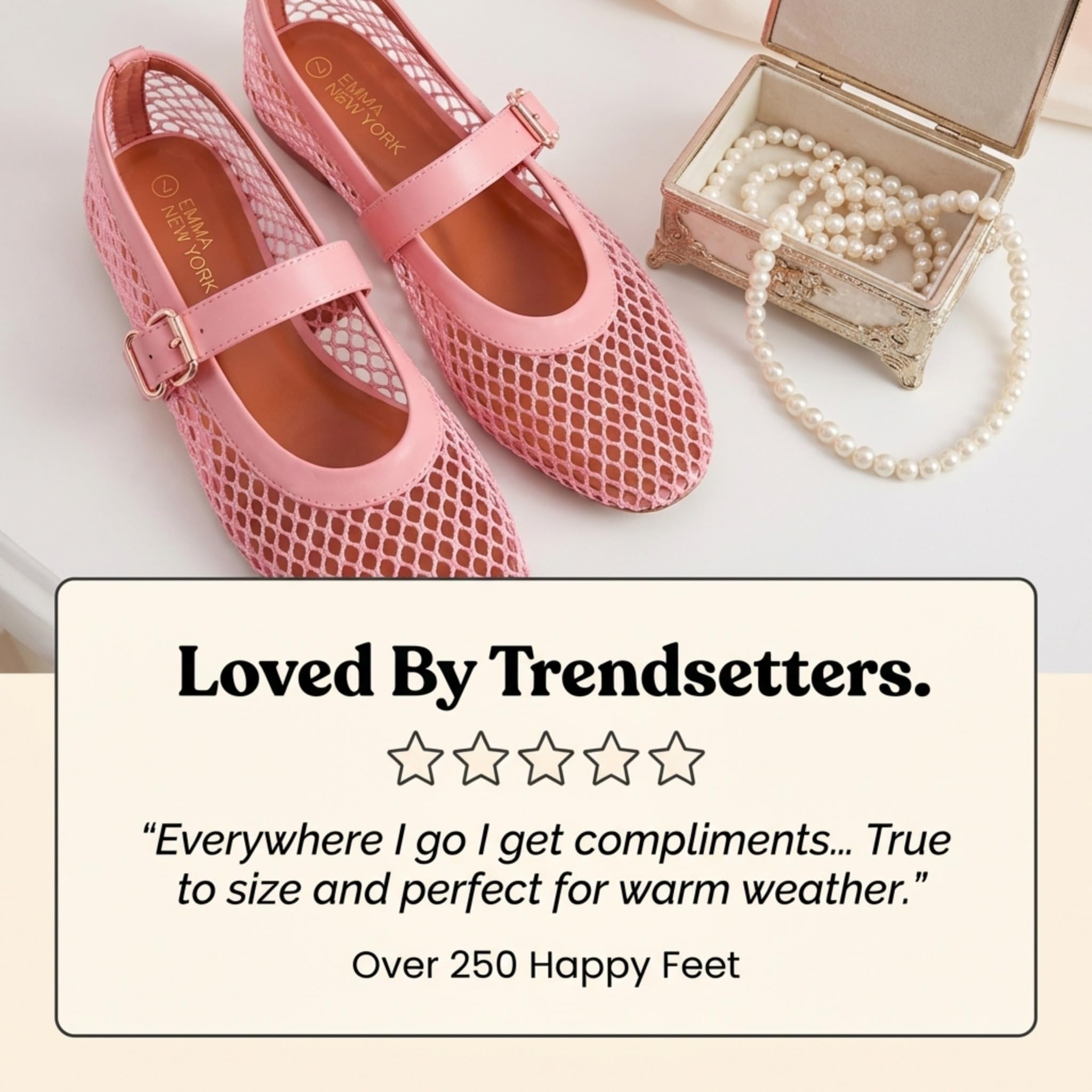 EMMA NEW YORK Women's Mesh Ballet Flats - Fishnet Mary Jane Flats with Adjustable Buckle Strap, Breathable & Stylish Ballerina Shoes (Pink, 8)