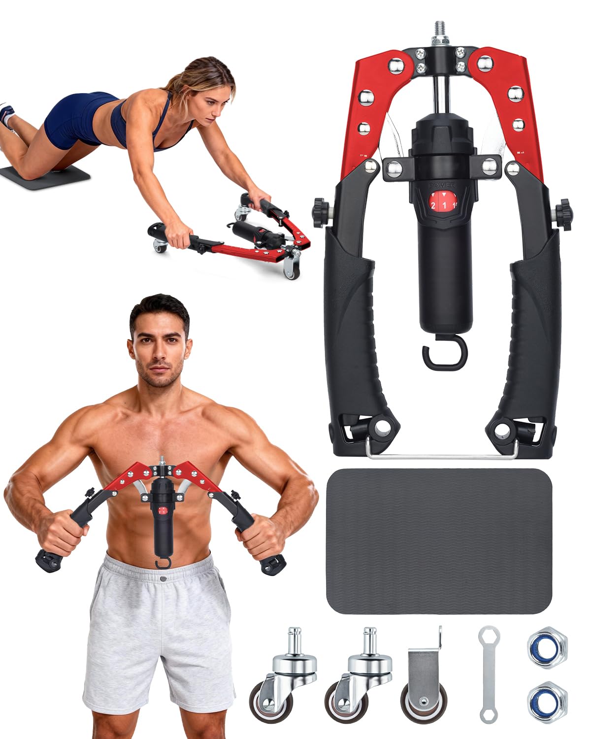 Abahub Twister Arm Exerciser, Enhanced Hydraulic Power Chest Expander for Men Women,with Wheels,22-440LBS Adjustable Resistance Home Gym Equipment, Shoulder Muscle Trainer for Arm, Red