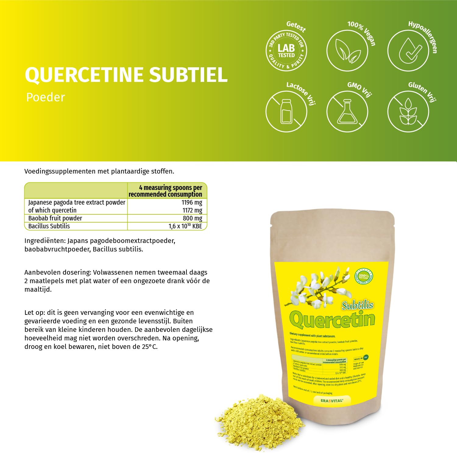 Quercetina Subtilis en polvo con acompañantes importantes - Baobab Fruta en polvo (un buen proveedor de vitamina C) y Bacillus Subtilis (para el equilibrio de la microflora intestinal). Vegano (500 g