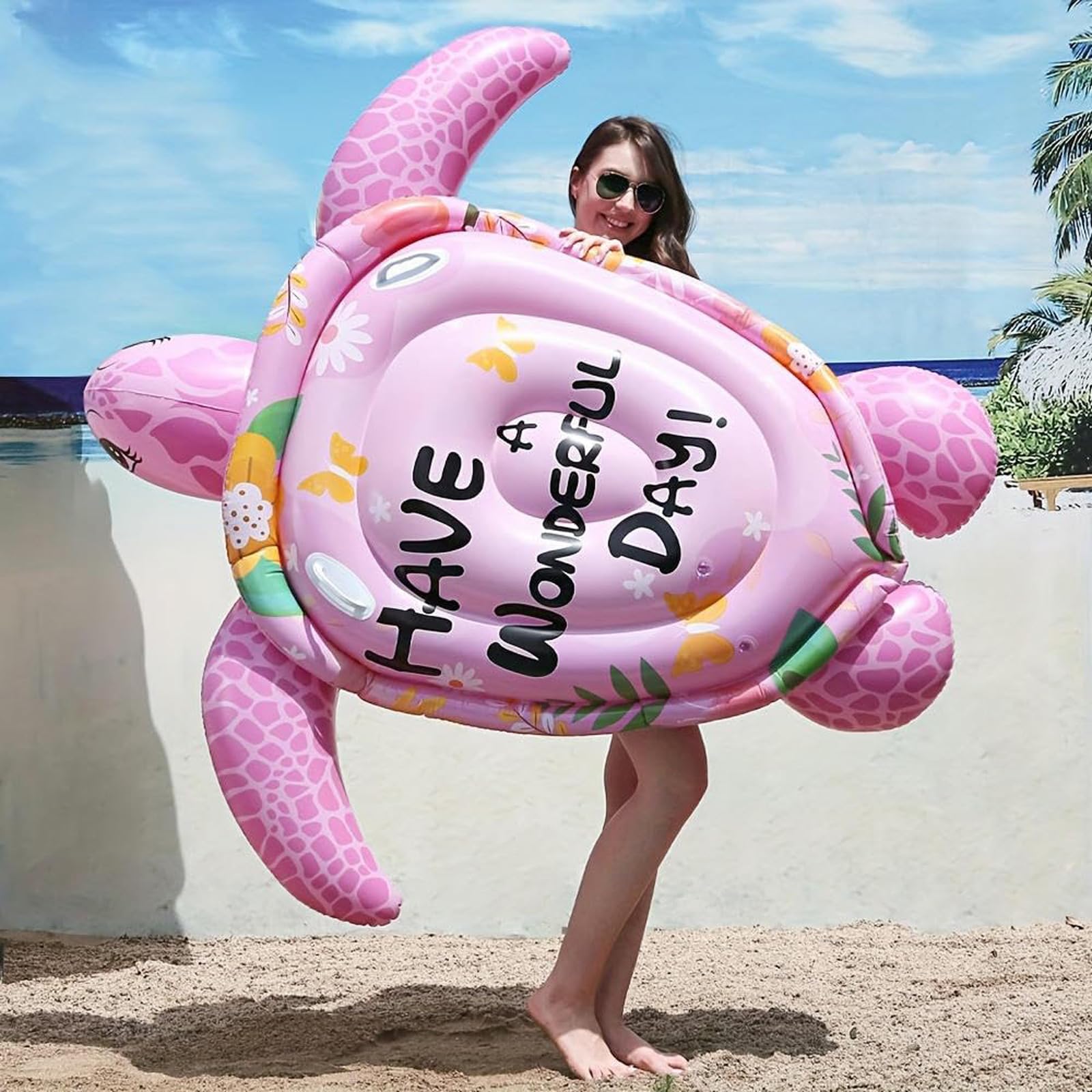Bouées Gonflables piscin Matériau PVC 175 × 175 cm Résistant Flottant Hamac Gonflable avec Un Motif de Tortue Rose avec accoudoirs Flexible et Portable pour Fêtes,Été,Plage,Aquatique