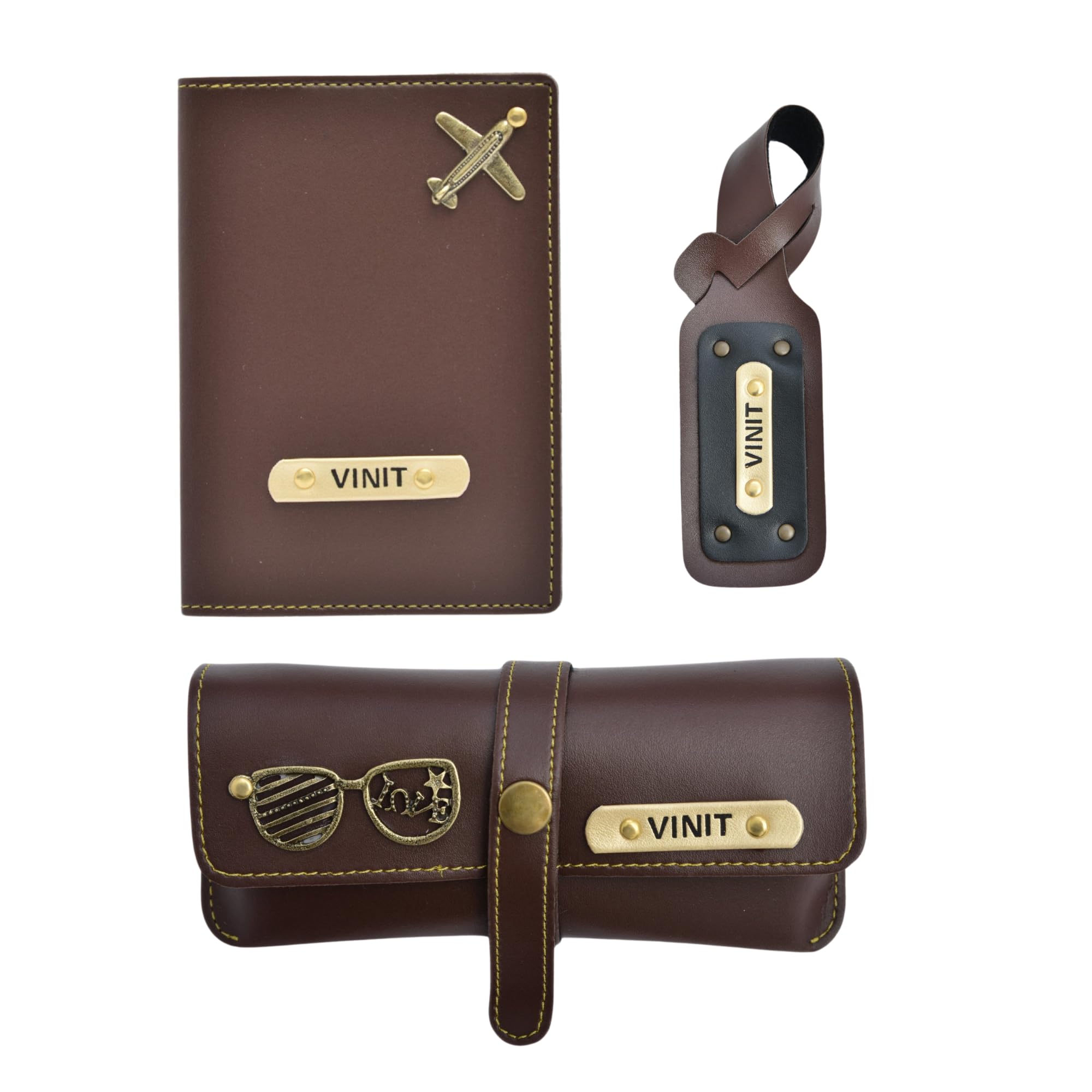 Customized Leather Unisex Gift Set | Personalized Leather Passport Cover, Eyewear Case and Luggage Tag with Name & Charm | Customized Gift for Men's & Women (Brown)-image-3