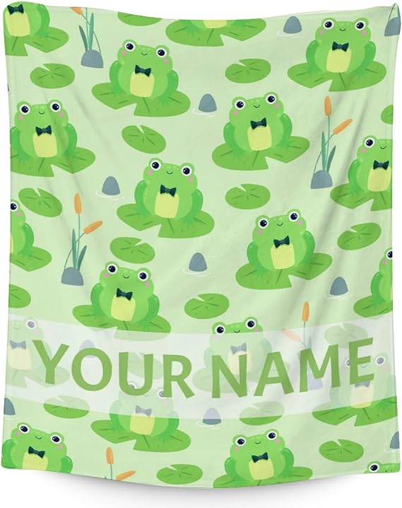 Personalized Frog Blanket Gifts with Name - 60x80 Inches Cute Throw for Girls & Boys - Green Soft Fuzzy Blankets for Bed, Couch & Living Room