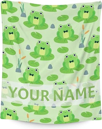 Personalized Frog Blanket Gifts with Name - 60x80 Inches Cute Throw for Girls & Boys - Green Soft Fuzzy Blankets for Bed, Couch & Living Room