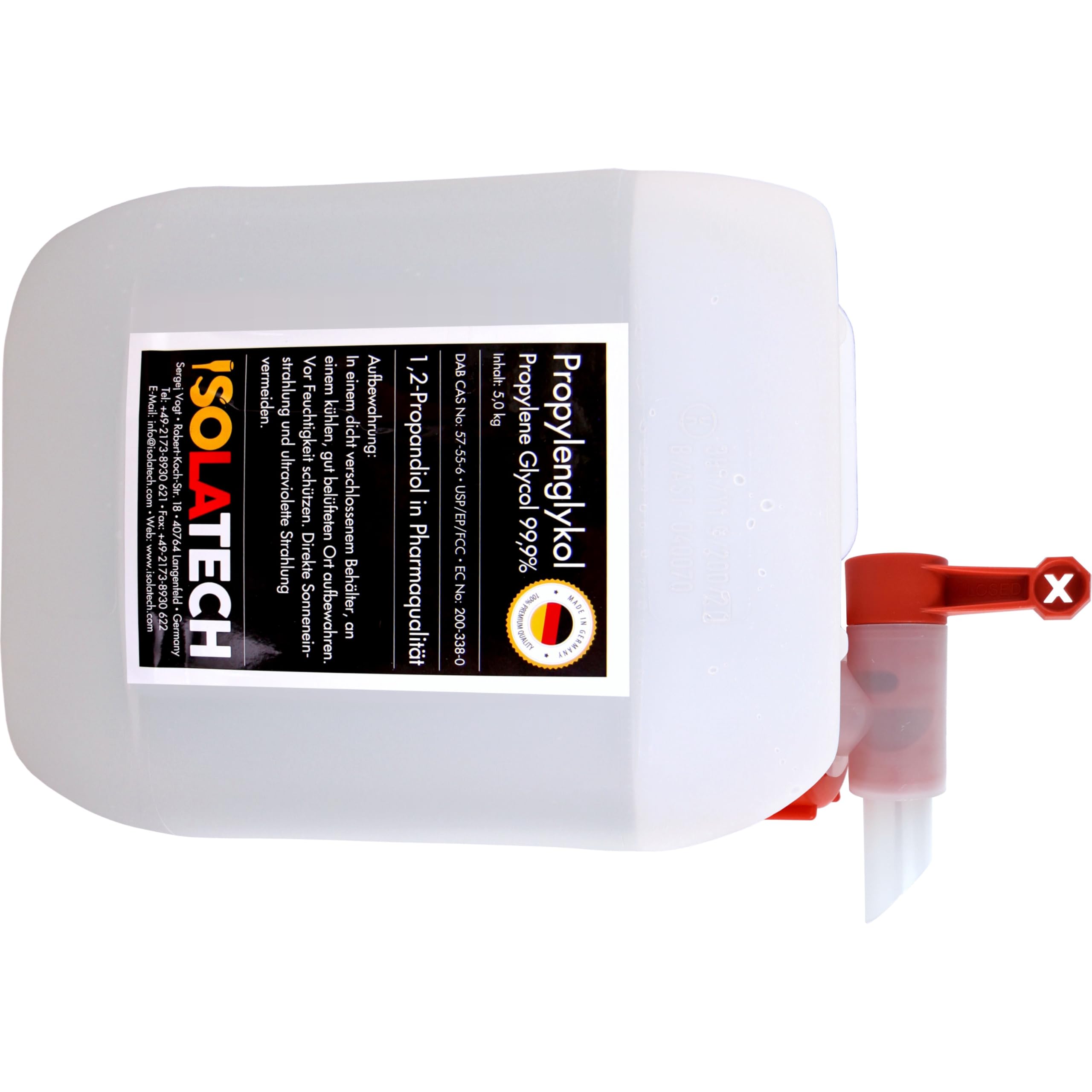ISOLATECH Propylène Glycol 5L 99,9% Qualité Pharmaceutique | Pour Alimentation & Cosmétique | Incolore, Inodore | 1,2 Propanediol en Bidon | Avec Robinet de Soutirage SABEU Fluxx