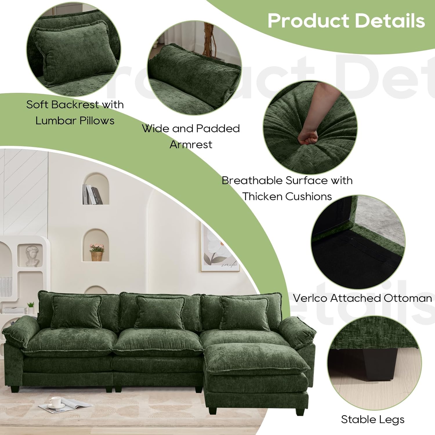 120" Modular Sectional Sofa, Comfy Cloud Couch Sectional Sofa with Ottoman, Chenille Sofa Sleeper Deep Seat Sofa with Throw Pillows for Living Room (Green, 120"- L Shape) Green 120"- L Shape