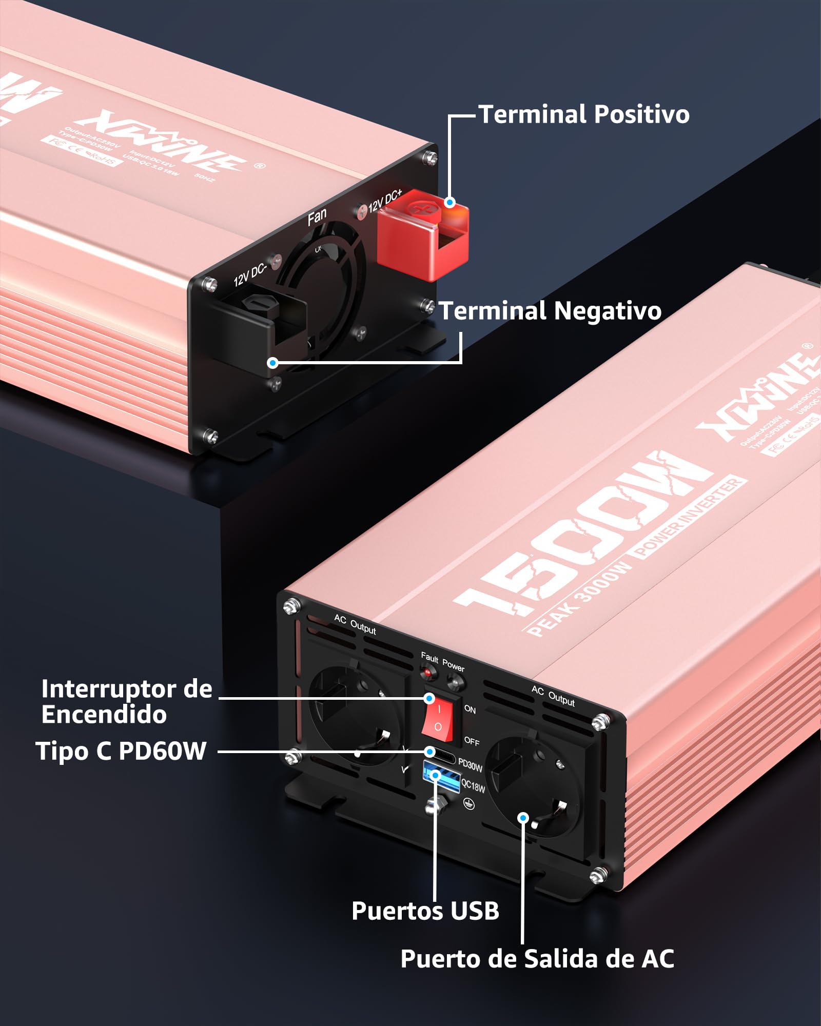XWJNE 1500W Inversor 12V a 220V, Convertidor para Coche con 1 Enchufe EU, 2 Puertos USB-A, 2 Puertos USB-C, Inversor de Corriente Onda Sinusoidal Modificada con Pantalla LCD y Control Remoto