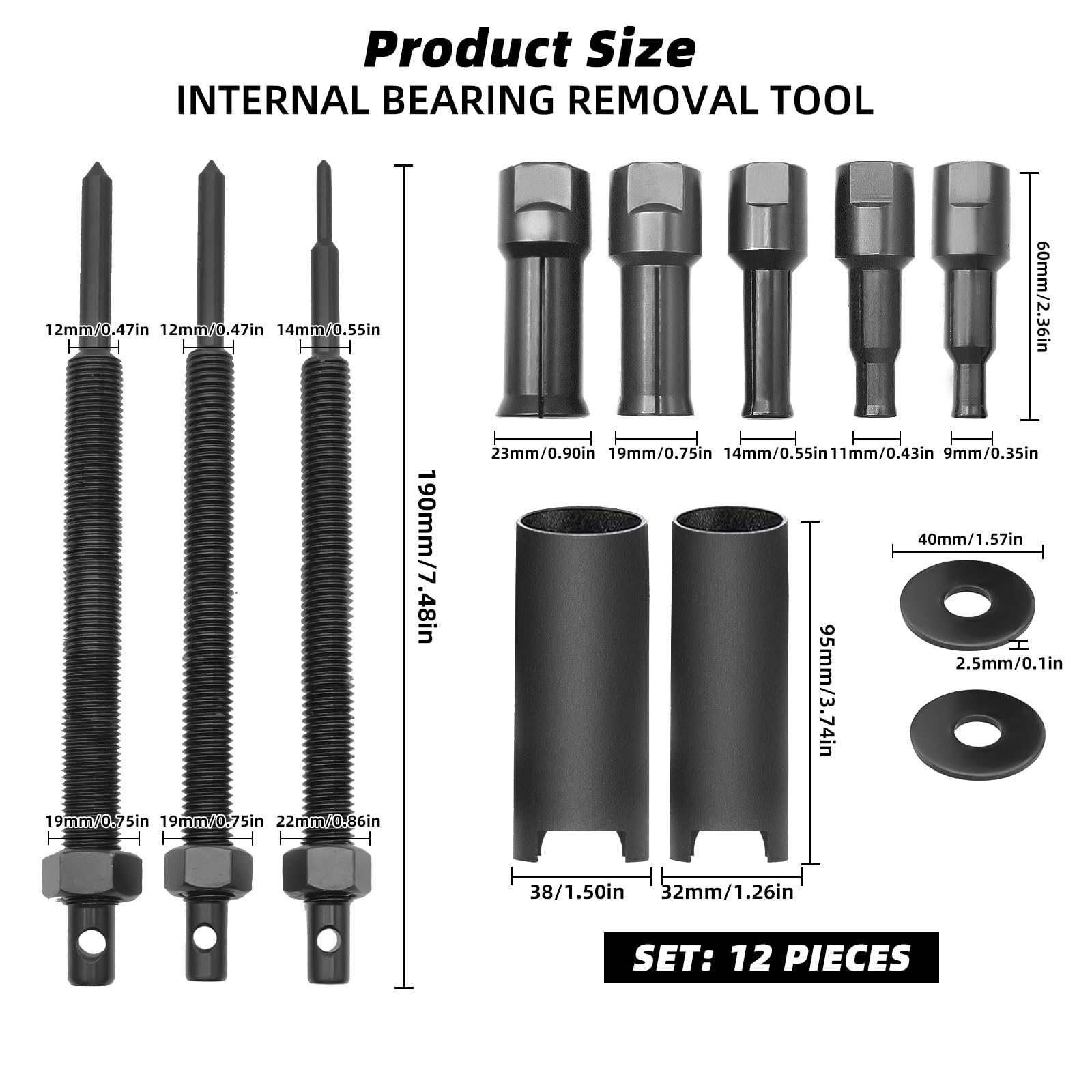 Lot de 12 extracteurs de roulement pour moto 9-23 mm - 5 tailles - Extracteur d'intérieur pour roulements à billes - Démontage de roulements pour motos et vélos