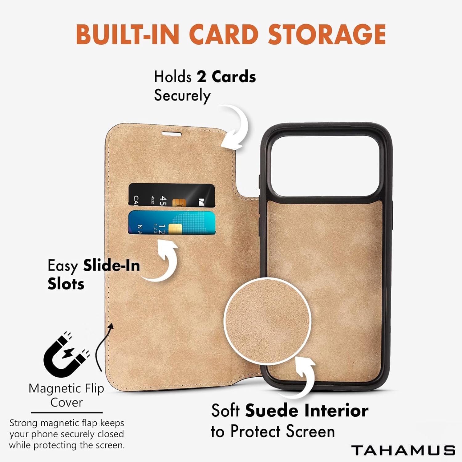 for iPhone 17 Pro Max (6.9") Genuine Pebbled Leather Book Case with Card Holder and Stand - Magnetic Flip Cover, Black