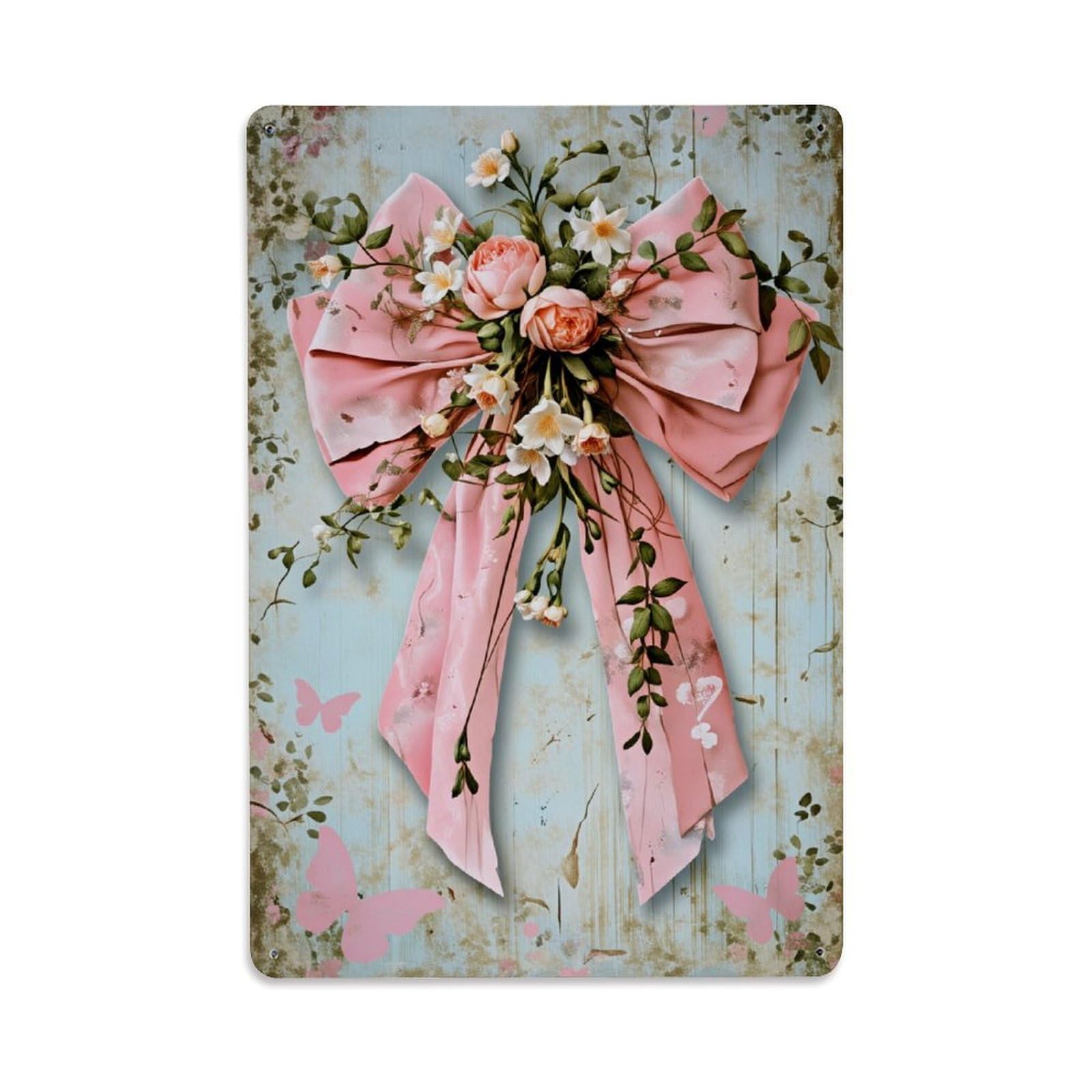 Enderetf Vintage Floral Bow With Butterflies And Leaves Tin Sign Metal Poster, Home Bar Garage Man Cave Cafe Indoor & Outdoor Wall Decoration 8X12inches