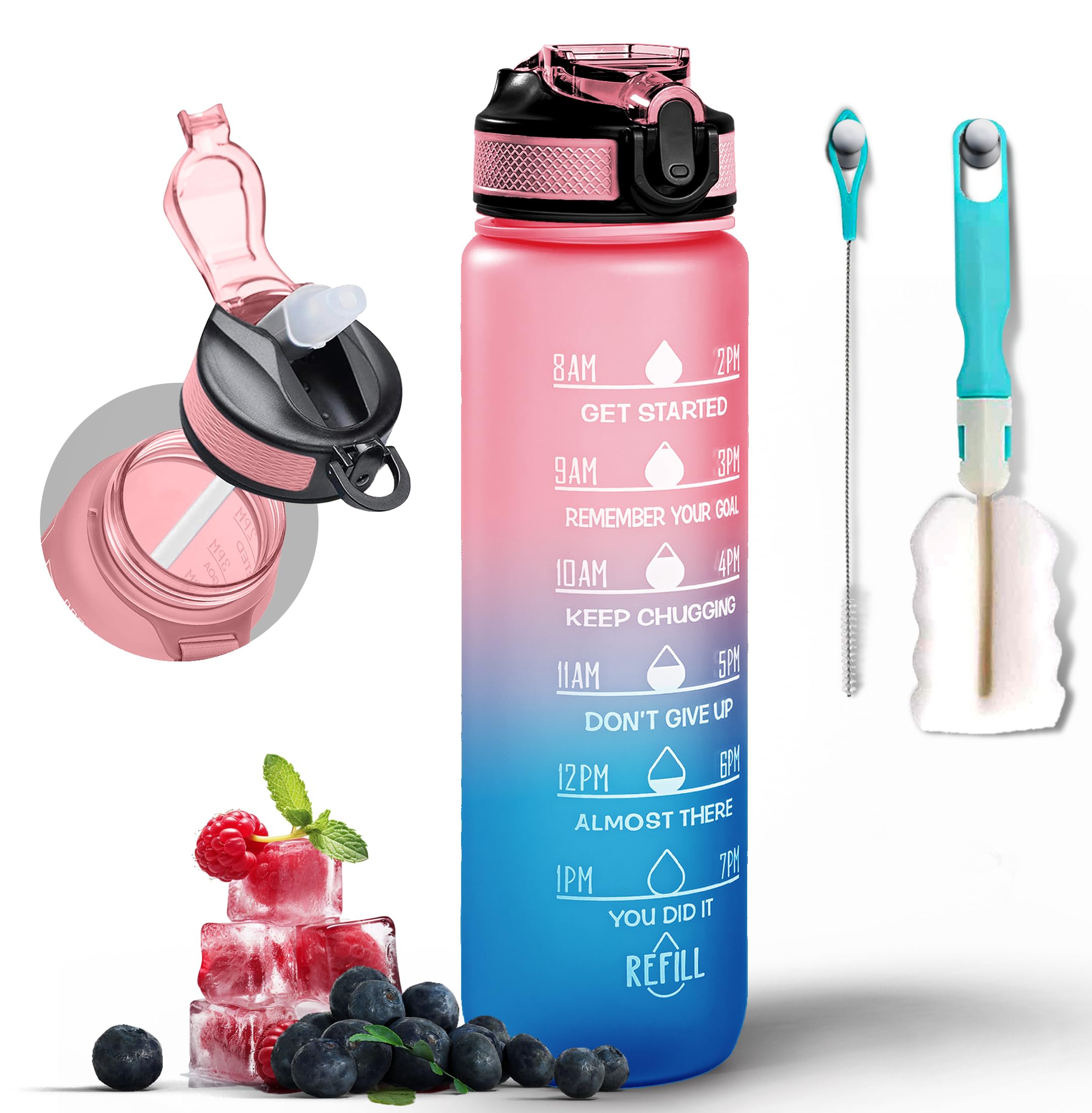 Water Bottle 1000ml Sports Water Bottle with Motivational Time Marker & Straw, Dishwasher Safe Leak-proof Drink Bottle BPA Free Non-Toxic Tritan Material 1 Click Open for Running Gym (Pink Blue)