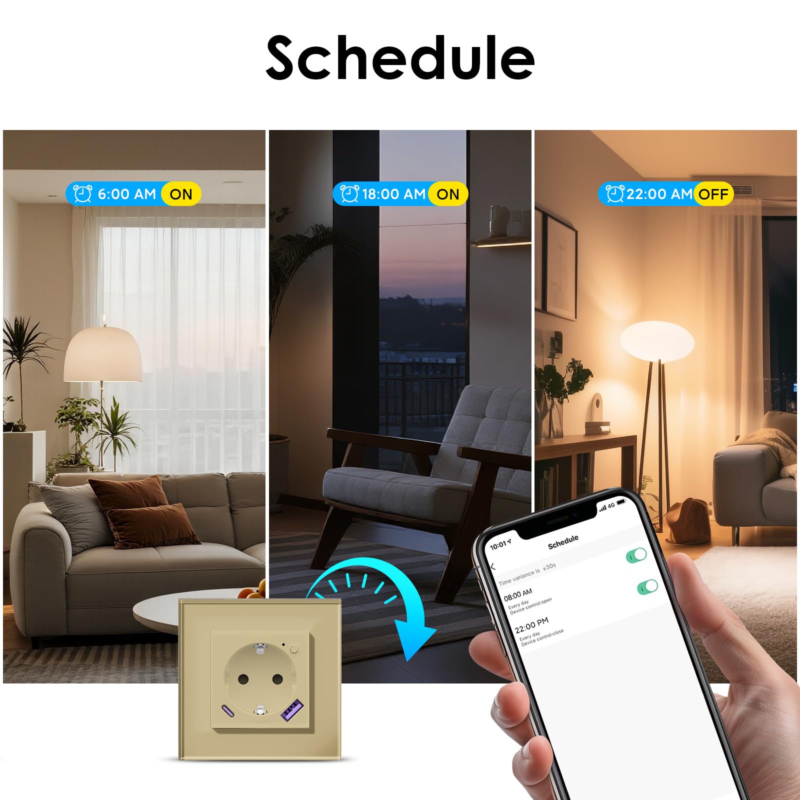 BSEED Wifi Schuko Meervoudige Stopcontact met USB C 20W, Slimme Wifi 3-voudige Inbouw Stopcontact voor Alexa/Google Home, Electriciteitsmeter voor Stopcontact met Smart Life/Tuya, 3 Voudig 228mm Grijs