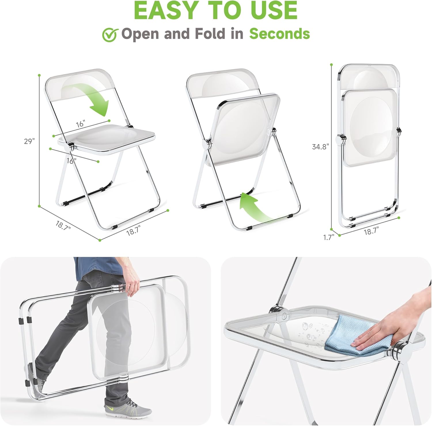 Real Relax Acrylic Folding Chairs,Foldable & Stackable Clear Chairs with Metal Chrome Frame, Indoor and Outdoor, for Home, Office, Party & Events,Set of 2,350LB,Transparent