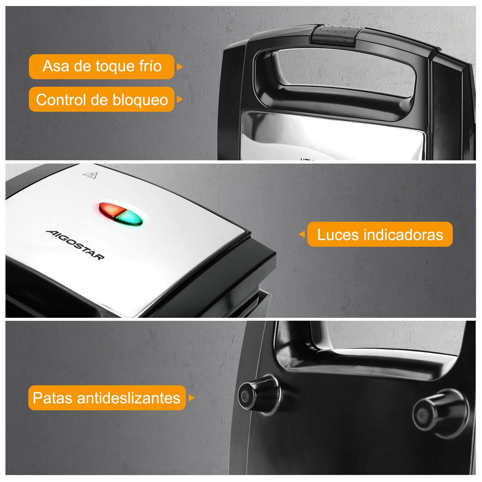 Aigostar Lamo - Sandwichera, 800W, Revestimiento Antiadherente, Libre de BPA, Placas con Forma Triangular, Indicador LED, Asa de Tacto Frío, Almacenamiento Vertical, Color Acero y Negro