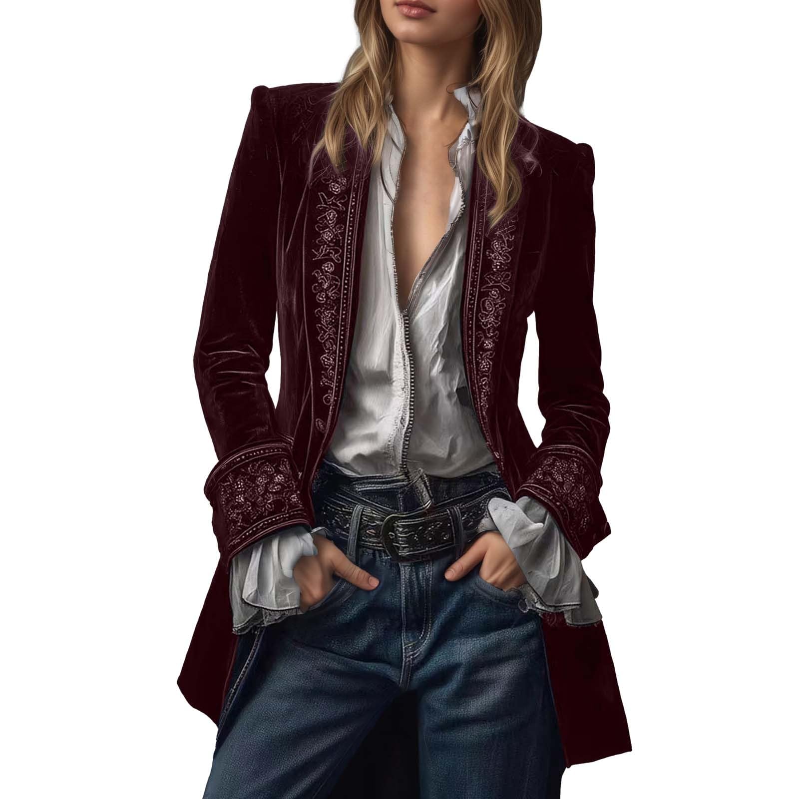 Generisch Velvet Jacket Women's Vintage Long Embroidered Blazer Women Open Front Coat Gothic Steampunk Outerwear Plain Elegant Baggy Velvet Jacket Festive Carnival Fancy Dress Jacket, red, XL โ image 1