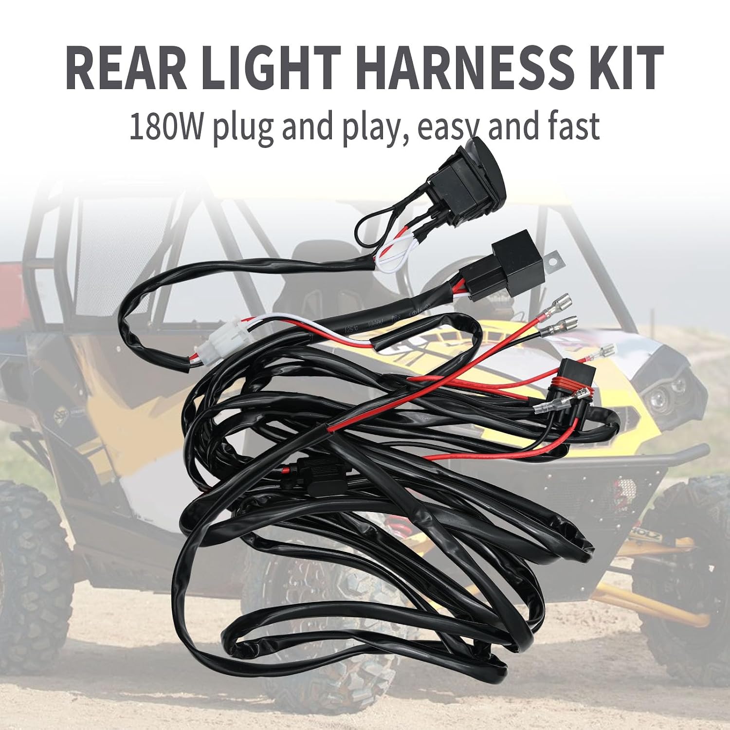 180W Plug & Play Rear Lights Wiring Harness Kit with 16AWG 2 Lead 12V Rocker Switch Replacement for Polaris RZR General Ranger (180W 16AWG 2 Lead 12V)
