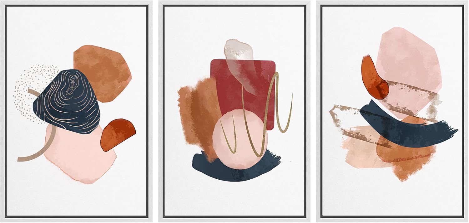 NWT Framed Canvas Print Wall Art Set Geometric Pastel Figure Collage Abstract Shapes Illustrations Modern Art Stylish Decorative Boho Nordic for Living Room, Bedroom, Office - 16"x24"x3 White