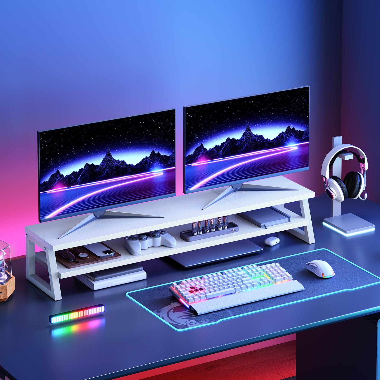 HOOBRO 2-stufiger Monitorständer Holzfür 2 Monitore, 100 x 24 x 19,5 cm, Dual Monitor Ständer, Bildschirmerhöhung, Monitor Erhöhung, Schreibtischregal für Büro und Heimarbeit,Weiß EWW122CJ01