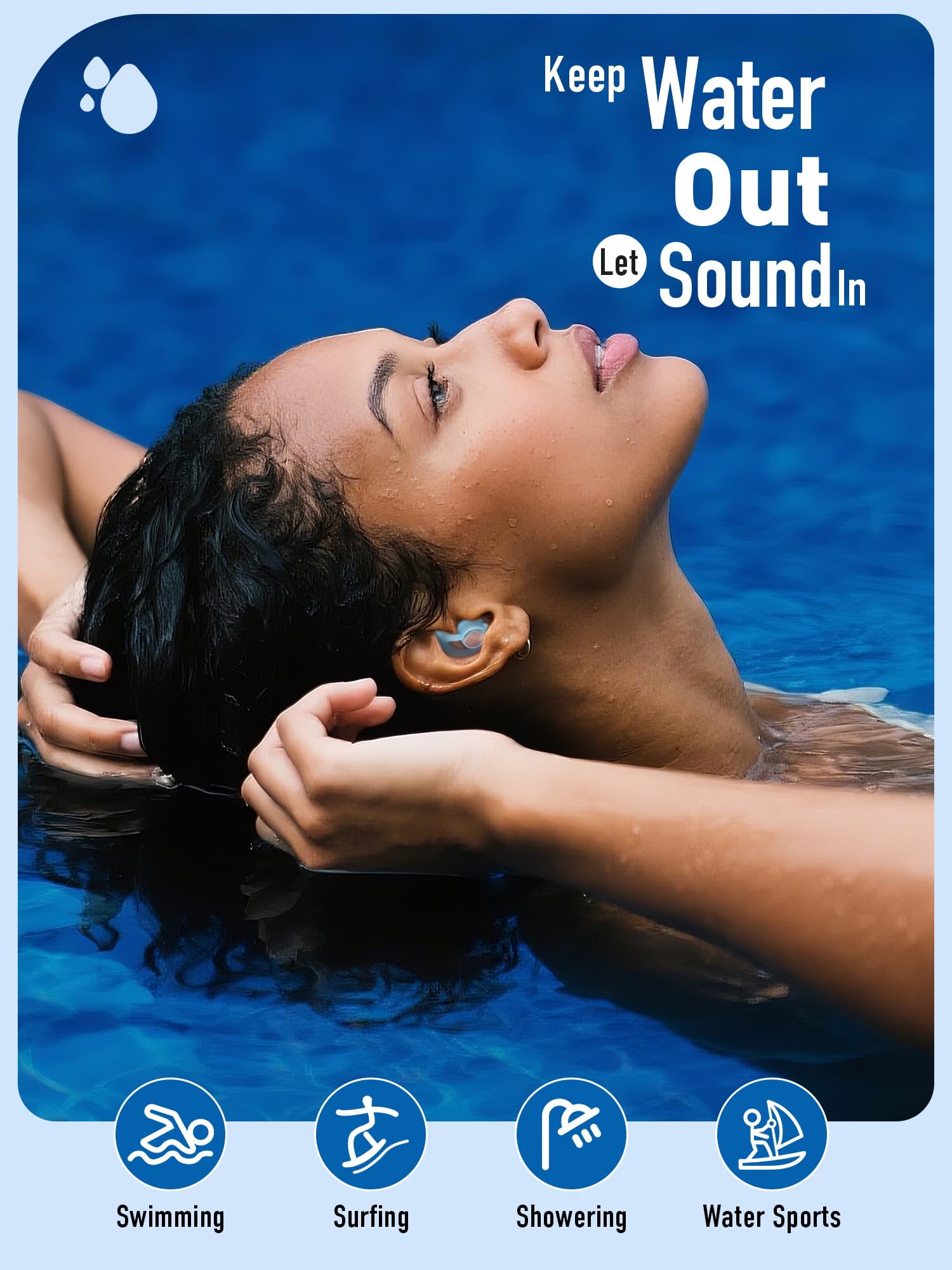 Ear Plugs for Swimming with String, Blocks Water Out Lets Sound in, Custom-fit Swimmer Earplugs - Waterproof Ear Protection for Surfing, Swim, Kiteboarding, Showering, Other Water Activities