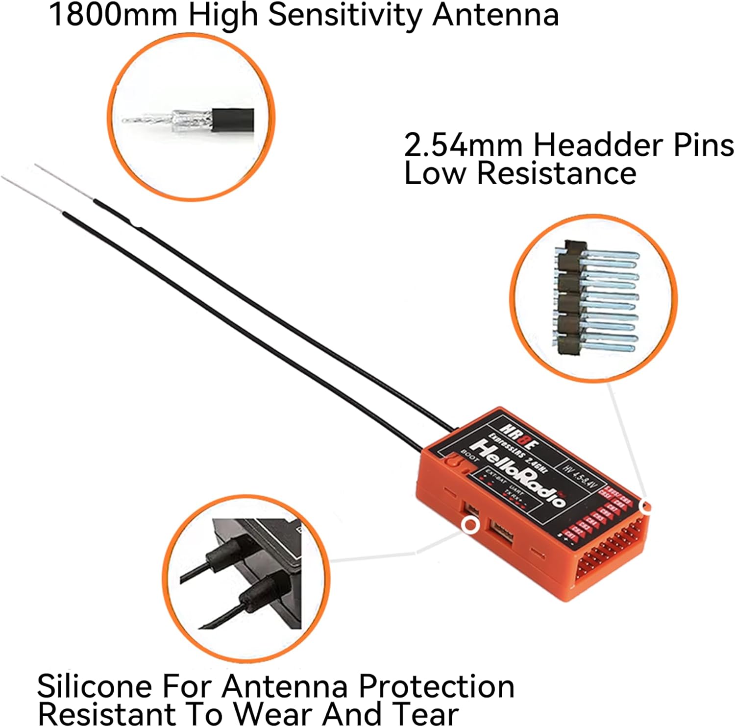 Detailed view of HelloRadio HR8E receiver antenna and header pins