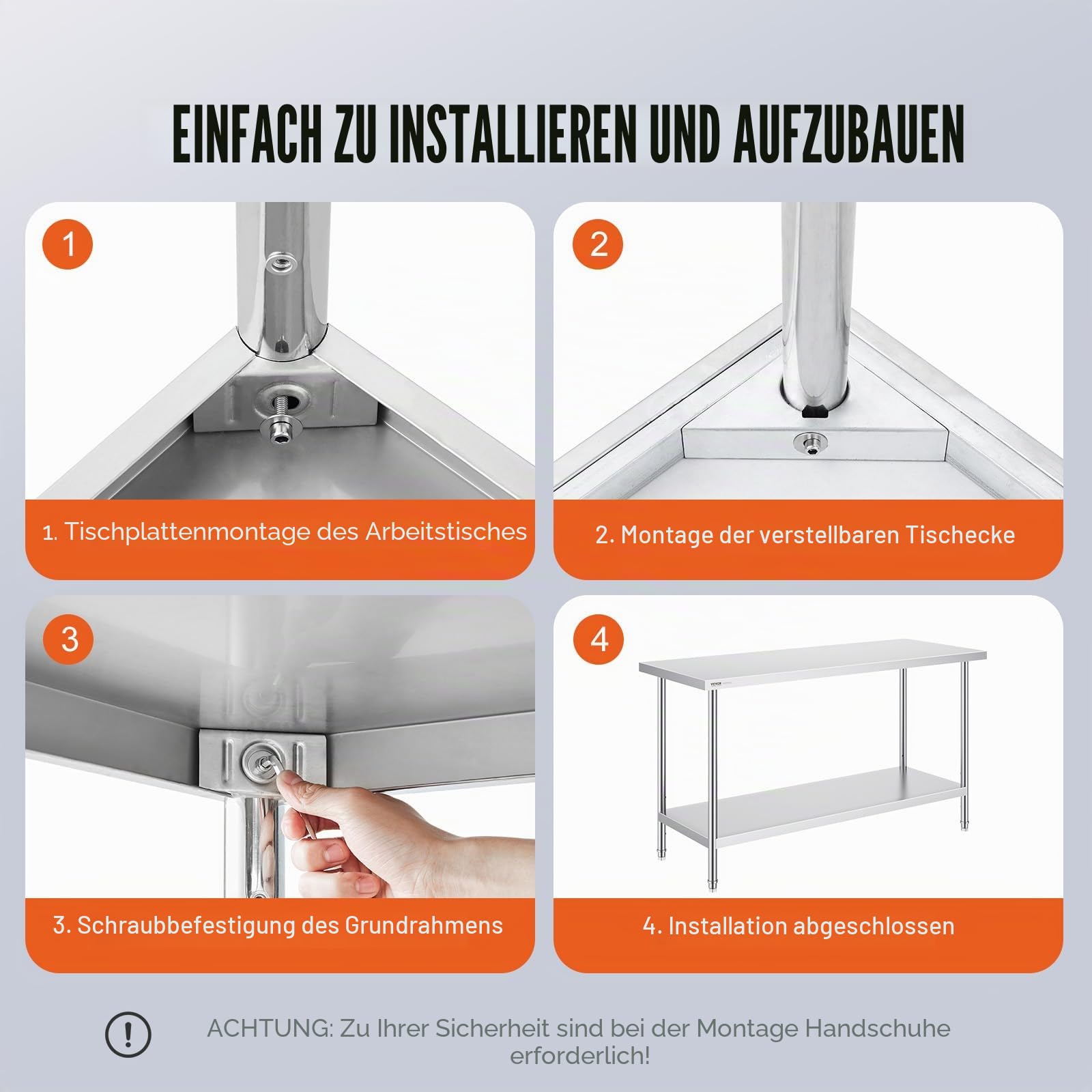 VEVOR Edelstahl Arbeitstisch Küche, Edelstahltisch mit 4 Universalrädern Rollen, Küchetisch für küchenvorbereitungsarbeit, 61 x 152 x 86 cm