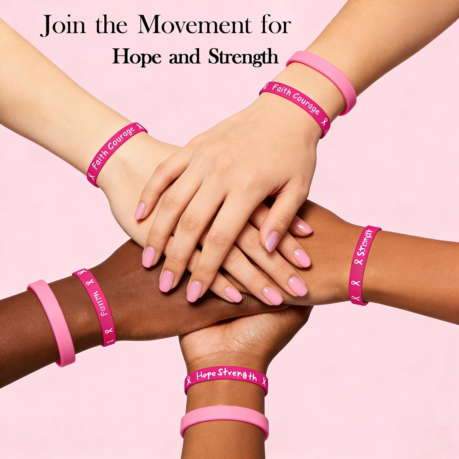 60 PCS Ribbon Breast Cancer Bracelets, Rubber Bracelet Party Favors Supplies Inspiring Silicone Wristbands, with Hope Strength Breast Cancer Awareness Accessories Survivor for Women.(Pink)