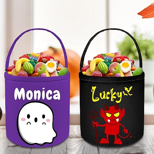 Miniatura 6 de Cubo personalizado de Halloween con nombre, cesta de dulce o truco de Halloween, regalo personalizado para niños y niñas, color negro