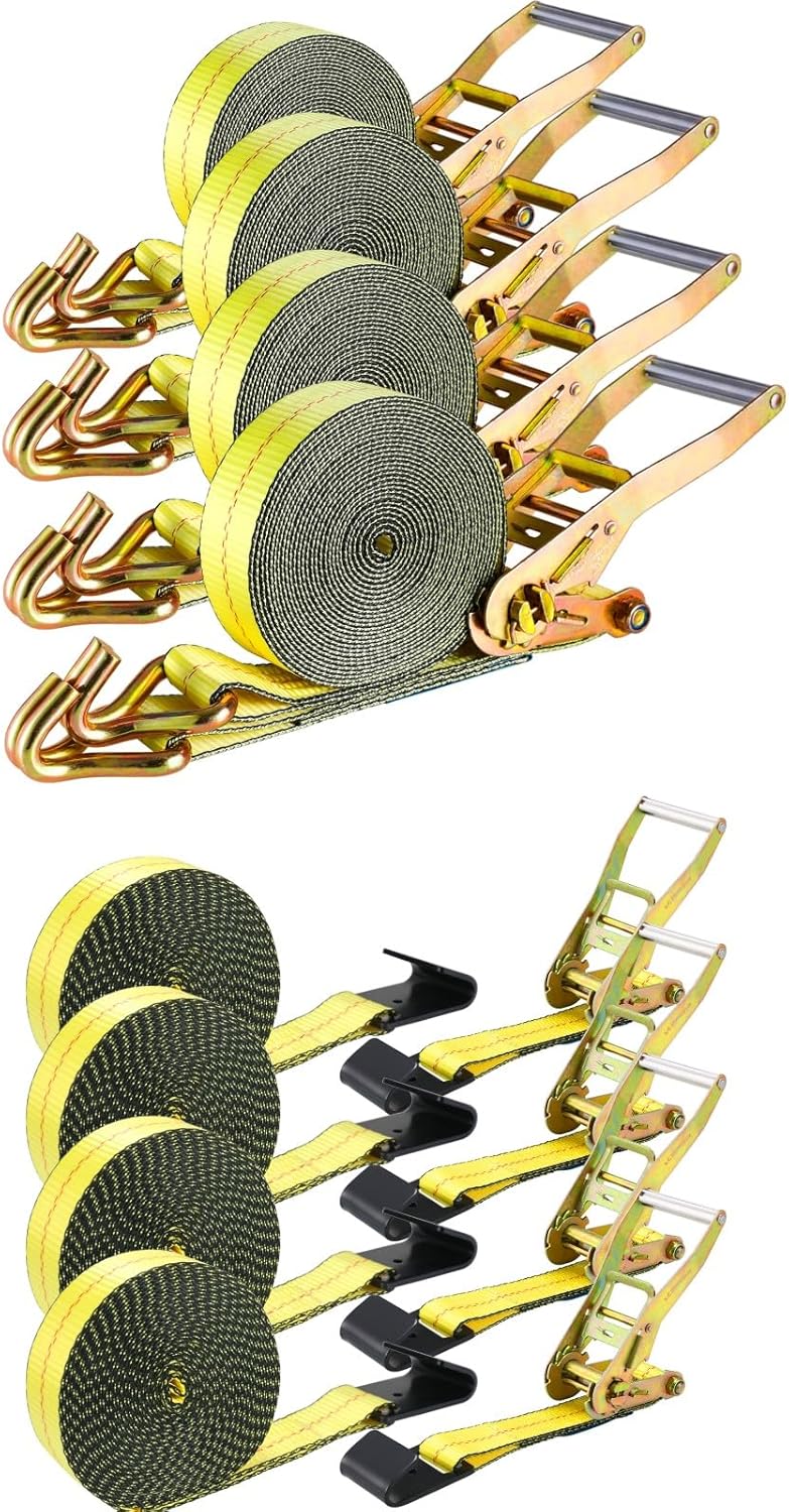 TLGREEN 2" x27' Ratchet Straps Heavy Duty Tie Down 4Pcks Double J Hook +4Packs Flat Hook