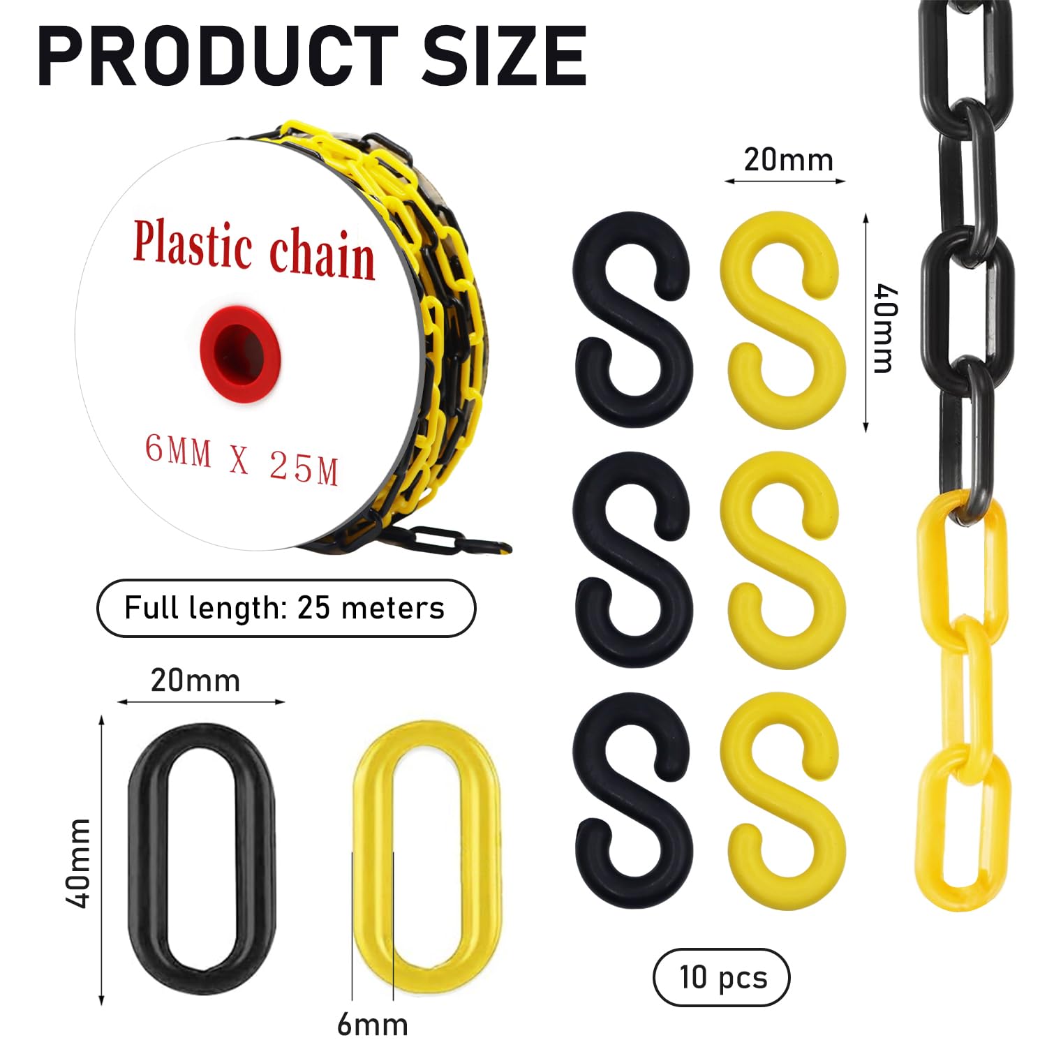 Cadena de Plástico Barrera Ø6mm Negro y Amarillo 25m con 10 Ganchos en S