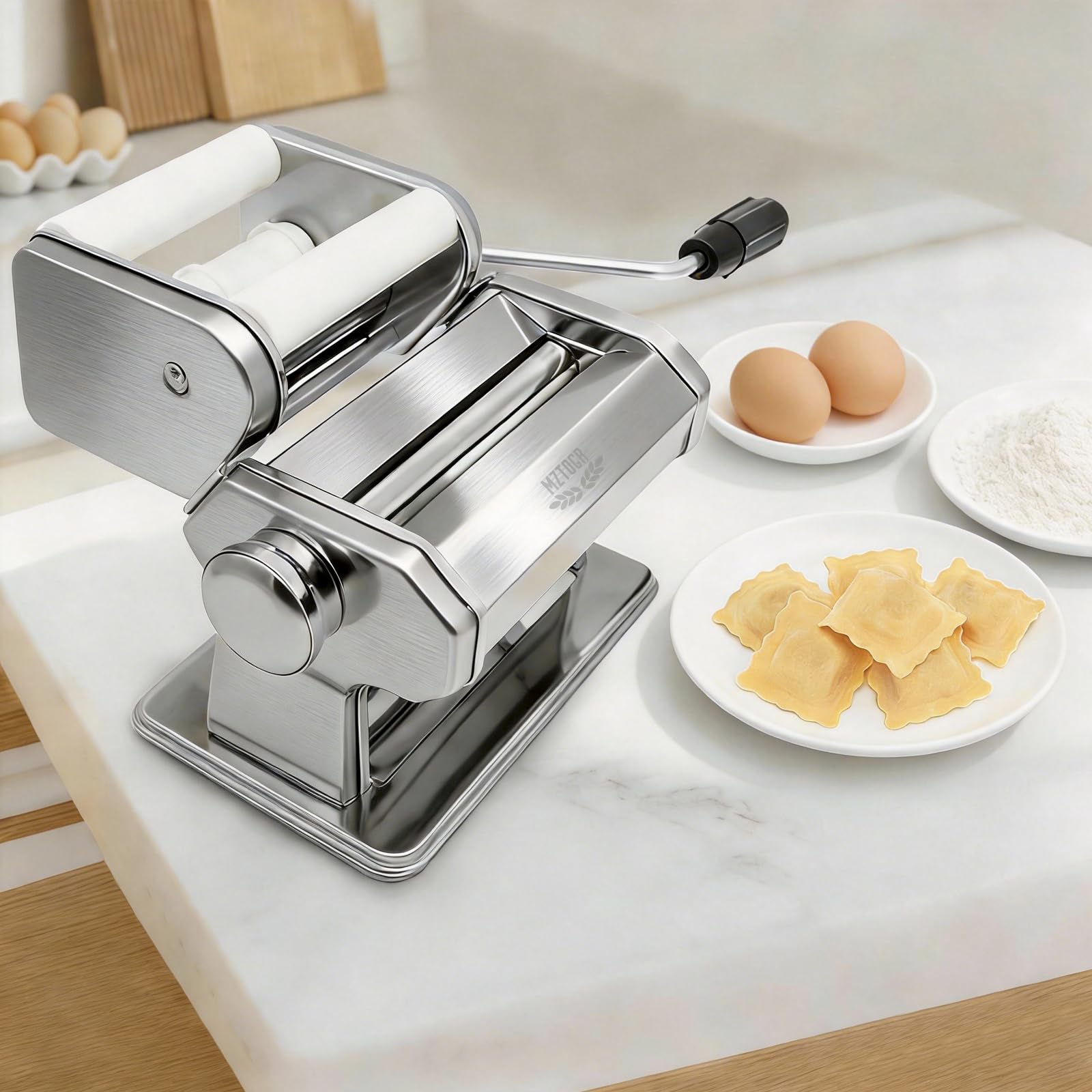 MZTOGR Machine à pâtes et raviolis, lot de 6 pièces en acier de 150 mm avec 9 réglages d'épaisseur réglables, avec accessoire pour raviolis, égouttoir à pâtes