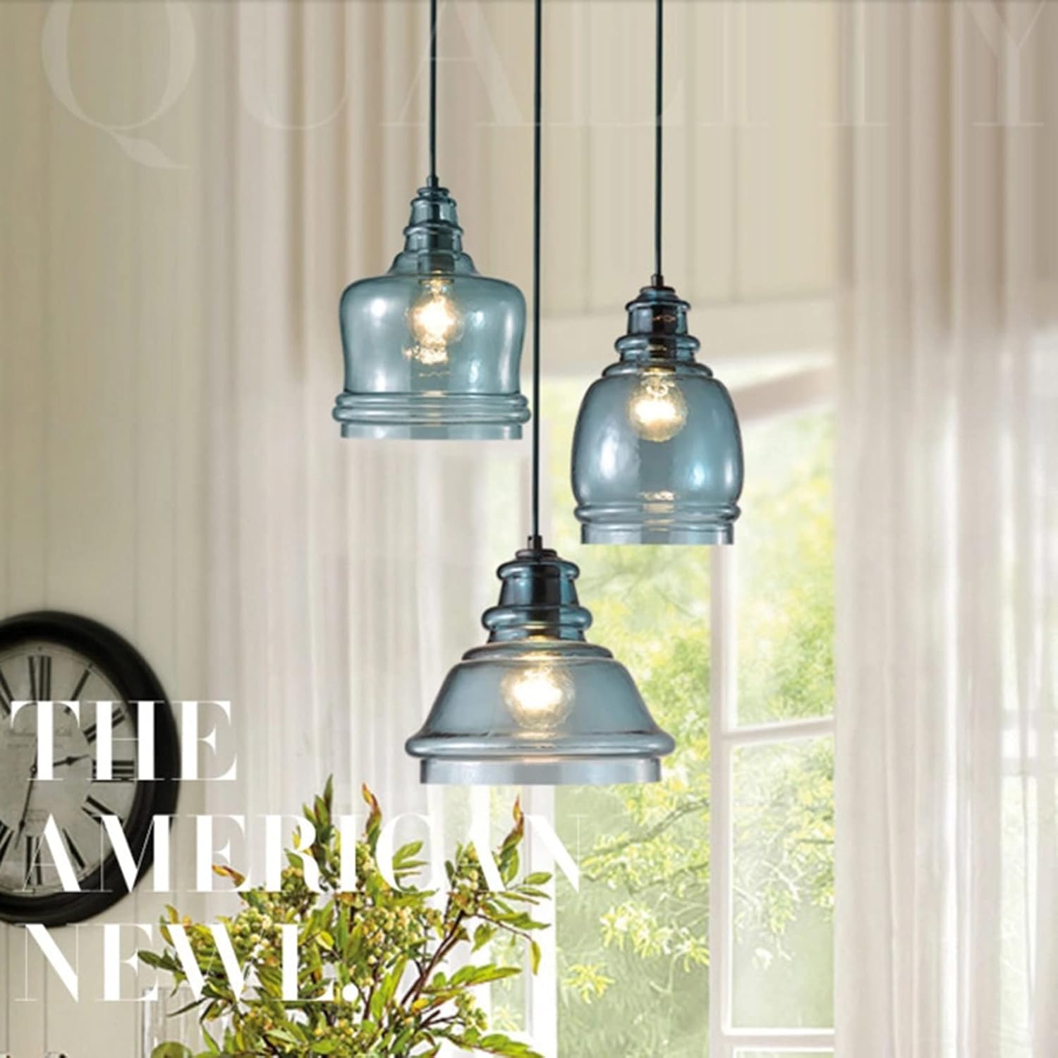 3-Light Water Pattern Blue Glass Pendant Light Fixtures,Kitchen Island Hanging Light Chandelier Ceiling Lamp (Round)