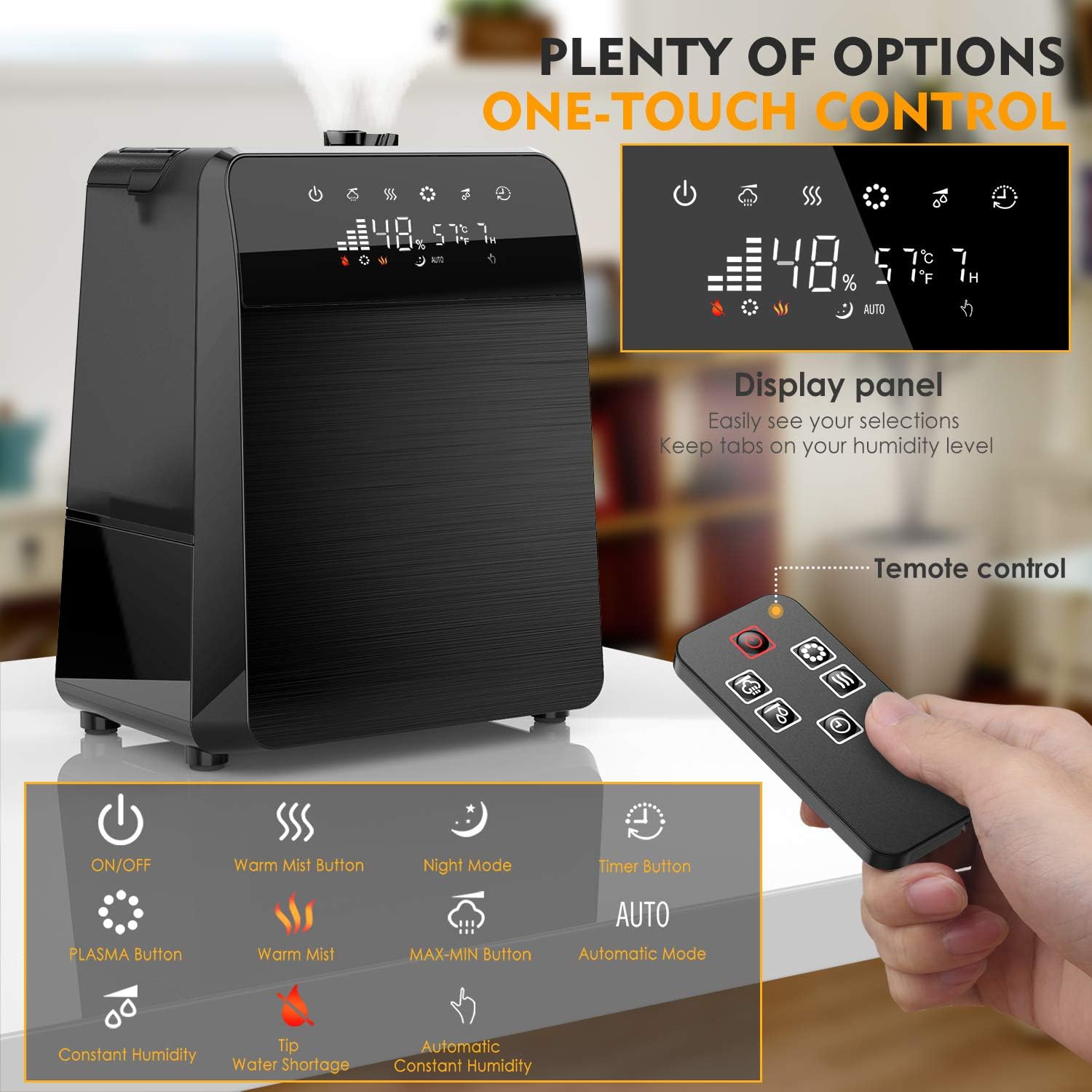 Humidifier control panel and remote control with various function buttons.