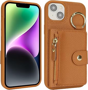 Mobile Phone Case for iPhone 13 Case Ring Stand with Card Slot Case for iPhone 13 Mobile Phone Case with Card Slots Key Ring Mobile Phone Case with Zip Wallet Brown