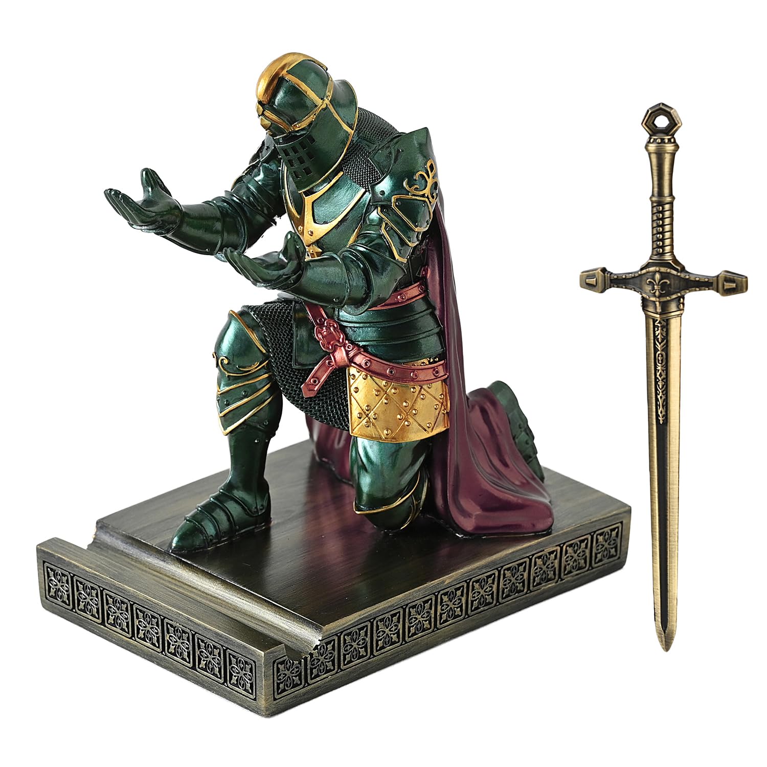 HDMbigmi King's Guard Leader Cloak Warrior Knight Pen Holder Mobile Phone Stand, Ornament Knight Statue, Pen Stand Paperweight for Office and Home (Green) โ image 1