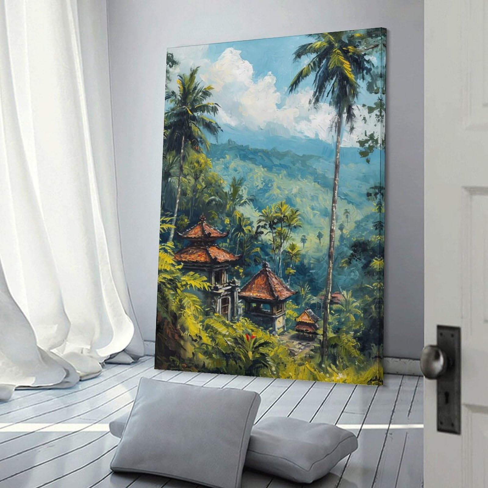 Junmoney Frame-Style Tropical Landscape With Temples Painting Decorative Canvas Print, 20X30inch(50X75cm), For Contemporary Homes, Apartments Or Offices, Home Artwork For Modern Interiors
