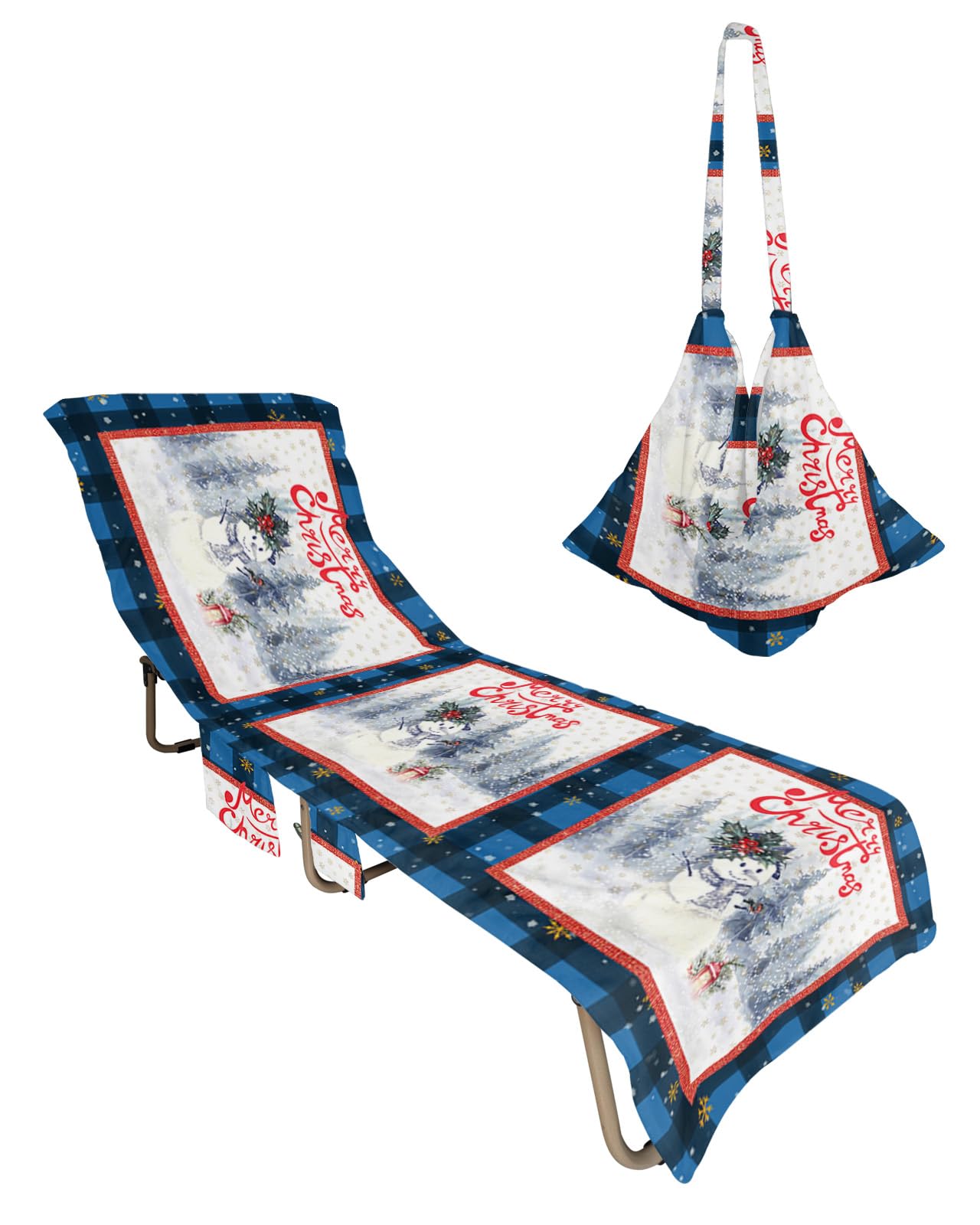Blue Plaid Christmas Snowman Beach Lounge Chair Towel Cover, Soft Chaise Lounge Towel with Side Pockets Patio Pool Chairs Cover for Beach/Pool Sunbathing 29x85 Xmas Winter Snowflake