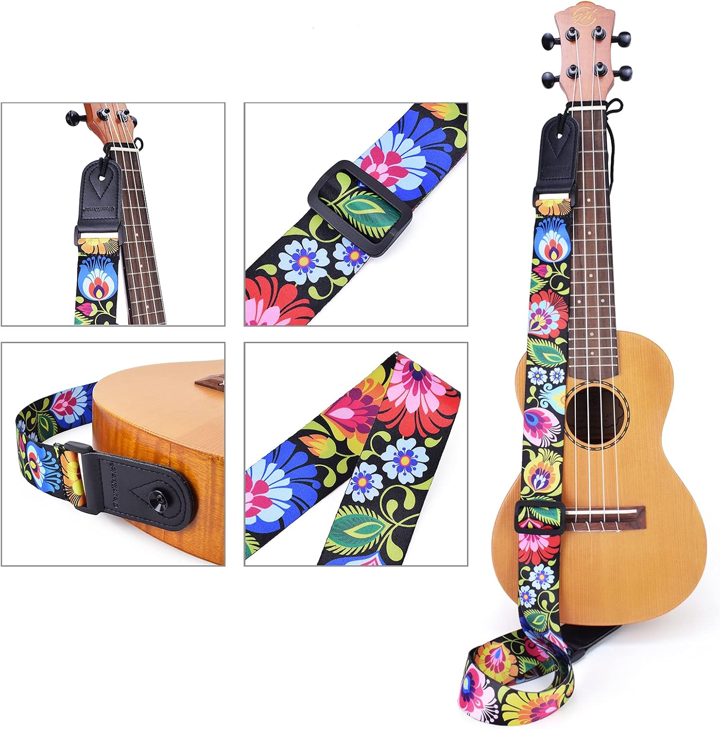 CLOUDMUSIC Peacock Floral Ukulele Strap With Microfiber Leather Heads For Soprano Concert Tenor Baritone String Instruments (black)