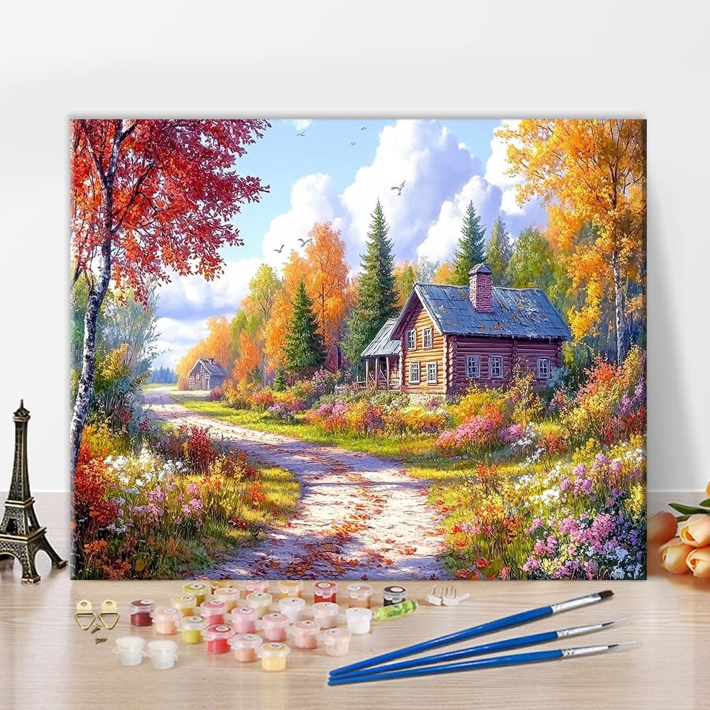 TISHIRON Paint by Numbers for Adults, Autumn Landscape Adult Paint by Number, Cabin DIY Painting Kits, Flower Painting by Numbers Kit Craft for Canvas Wall Decor, 40x50cm