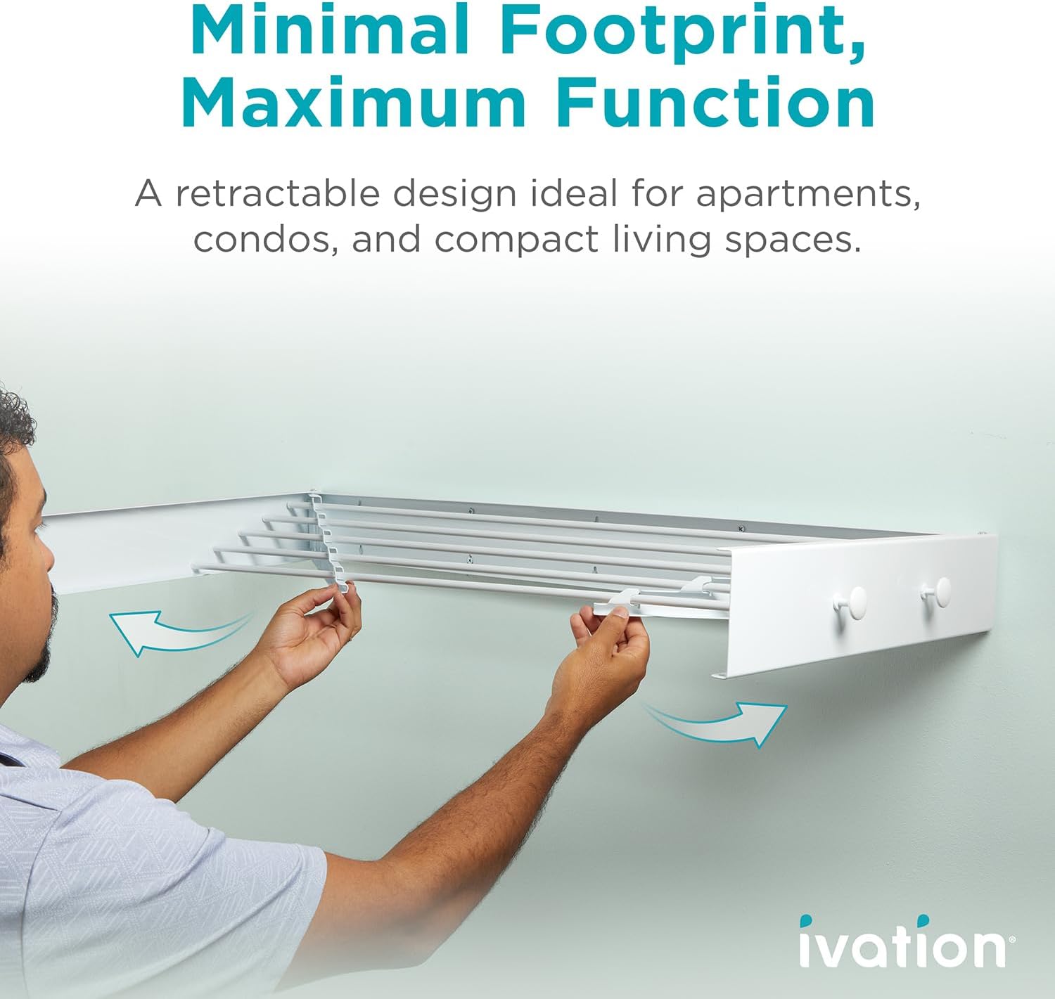 Ivation Retractable Wall Mounted Clothes Drying Rack, 40" Foldable Laundry Drying Rack for Clothing | Collapsible Space-Saving Design & 5 Rods | Easy Installation with Hardware & Wall Template (White)