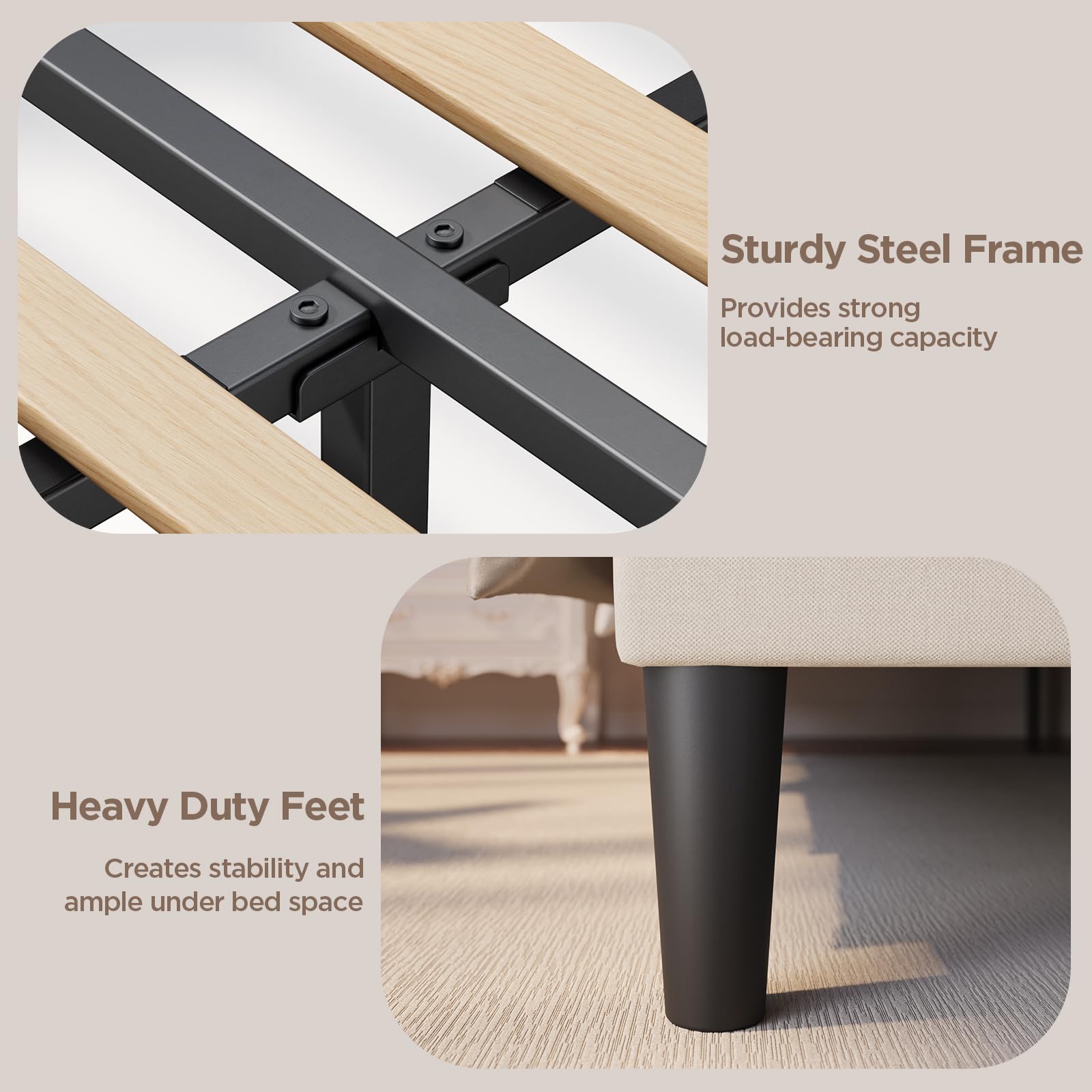 Close-up of sturdy steel frame and heavy-duty support feet